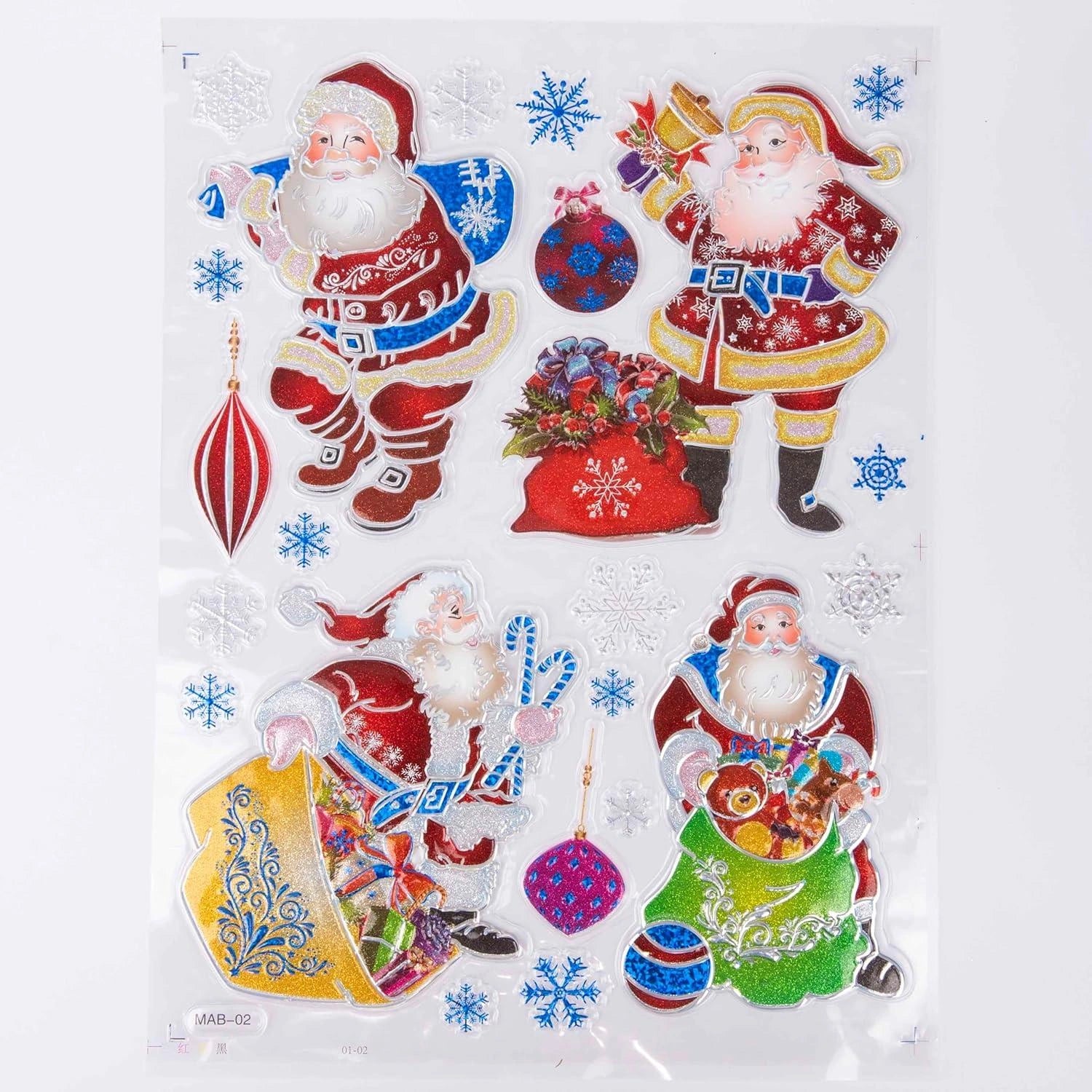 4 Christmas Window Stickers 3D Santa Snowflake Snowman Reusable Decal Xmas Decor