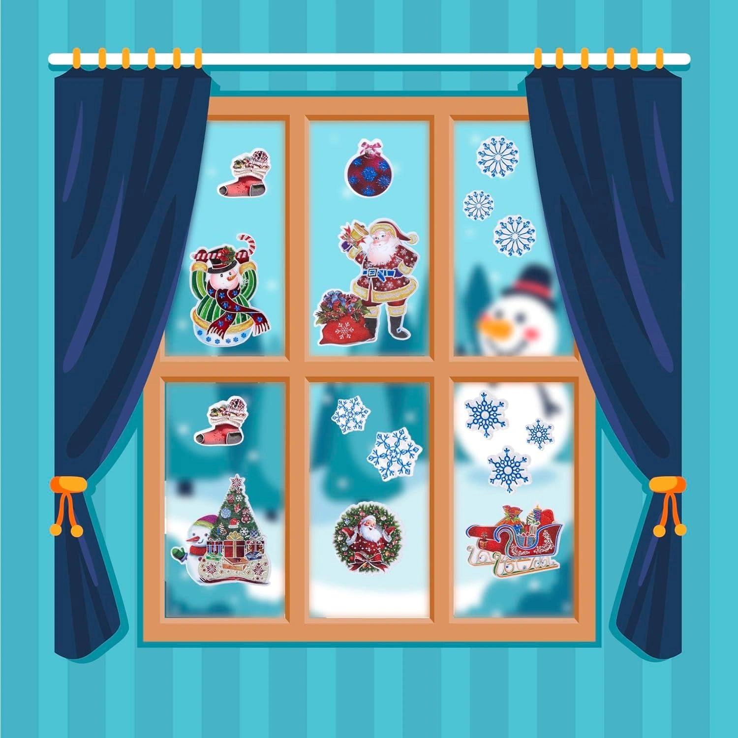 4 Christmas Window Stickers 3D Santa Snowflake Snowman Reusable Decal Xmas Decor