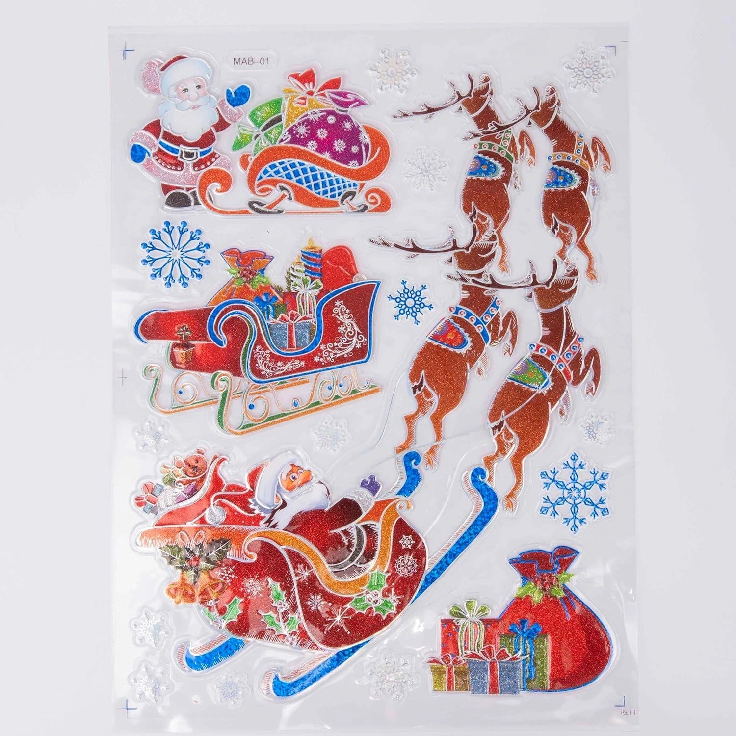 4 Christmas Window Stickers 3D Santa Snowflake Snowman Reusable Decal Xmas Decor