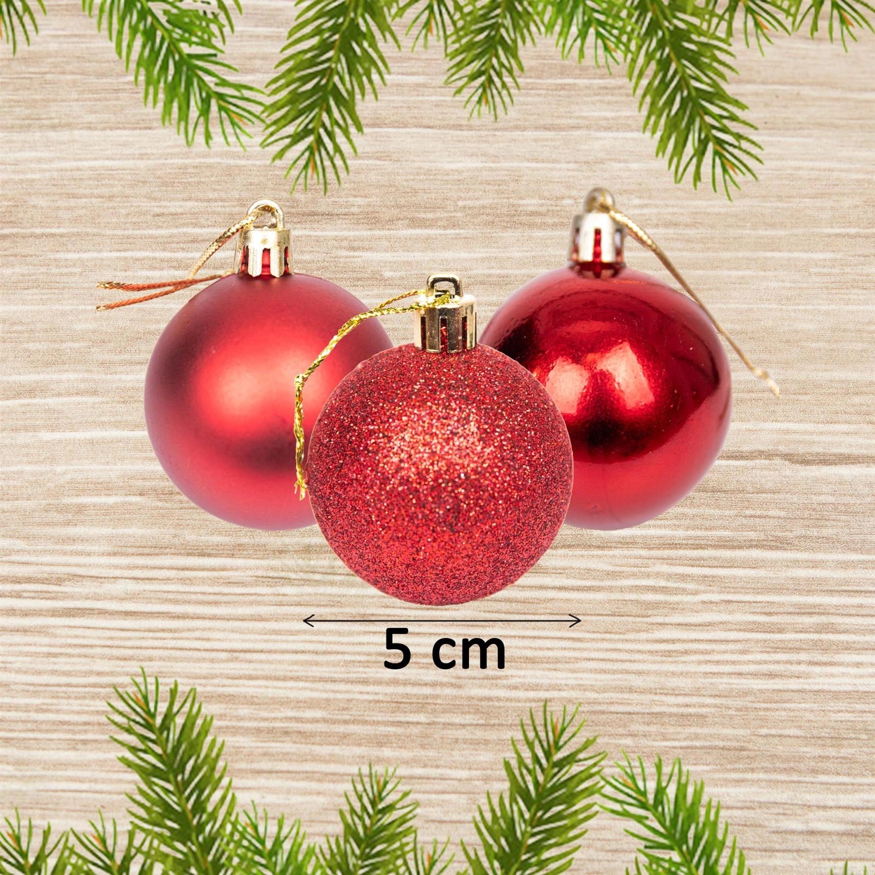 18 Dark Red Christmas Baubles Glittery 5cm Shatterproof Festive Decorations Set