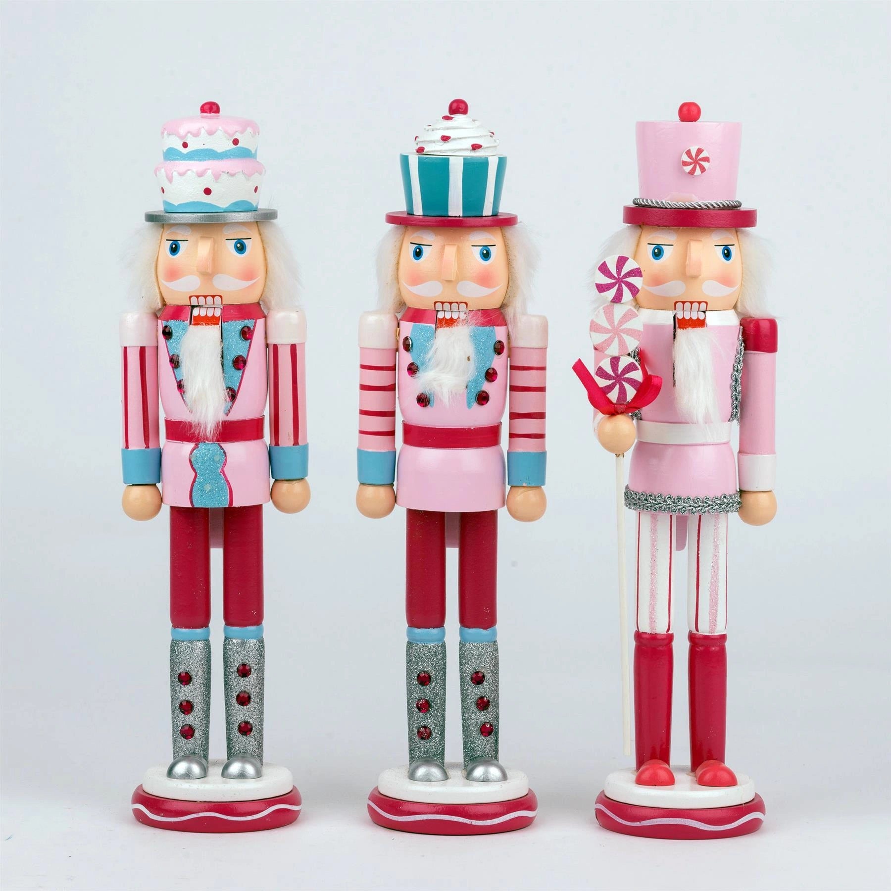 Christmas Nutcrackers Wooden 38cm Figures Xmas Ornament Decor 3Pcs Set Pink Blue