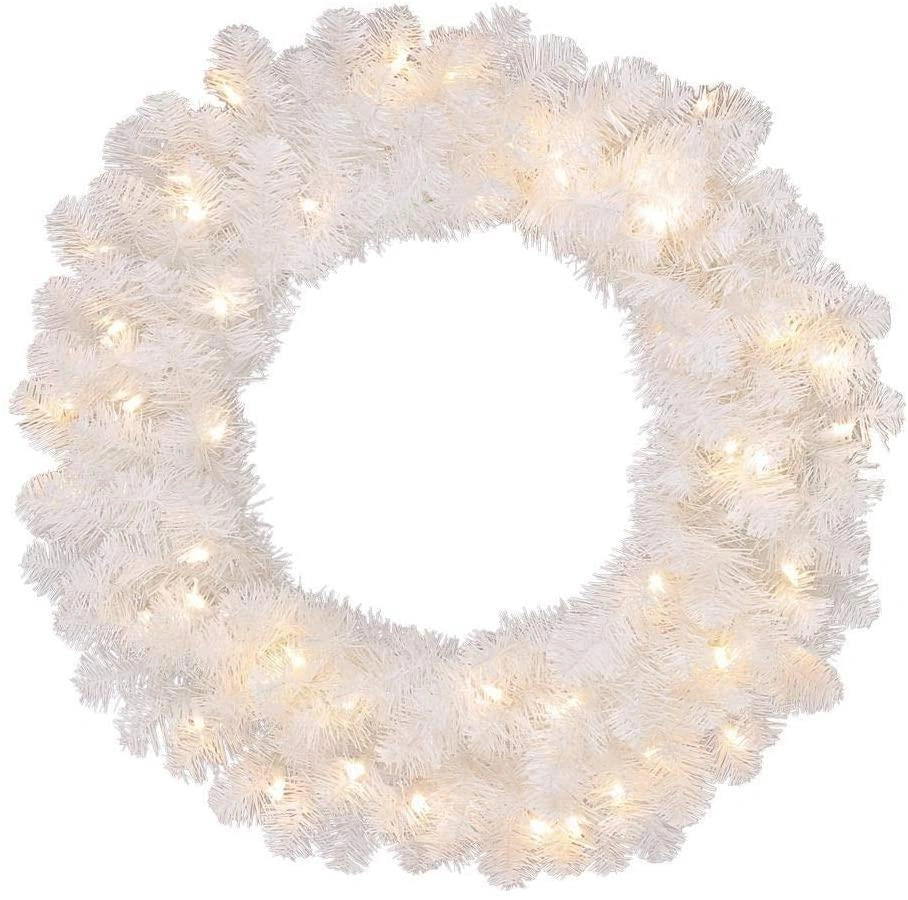 White Christmas Wreath Pre Lit Artificial Bushy Wall Door XMAS Home Decor 55CM