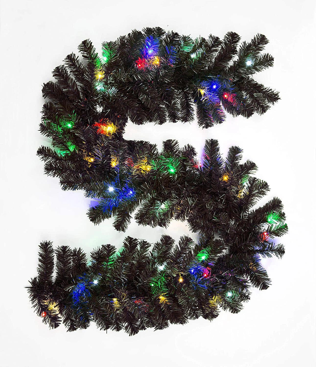 Black Christmas Garland Pre Lit Artificial Bushy Wall Door XMAS Home Decor 2M UK