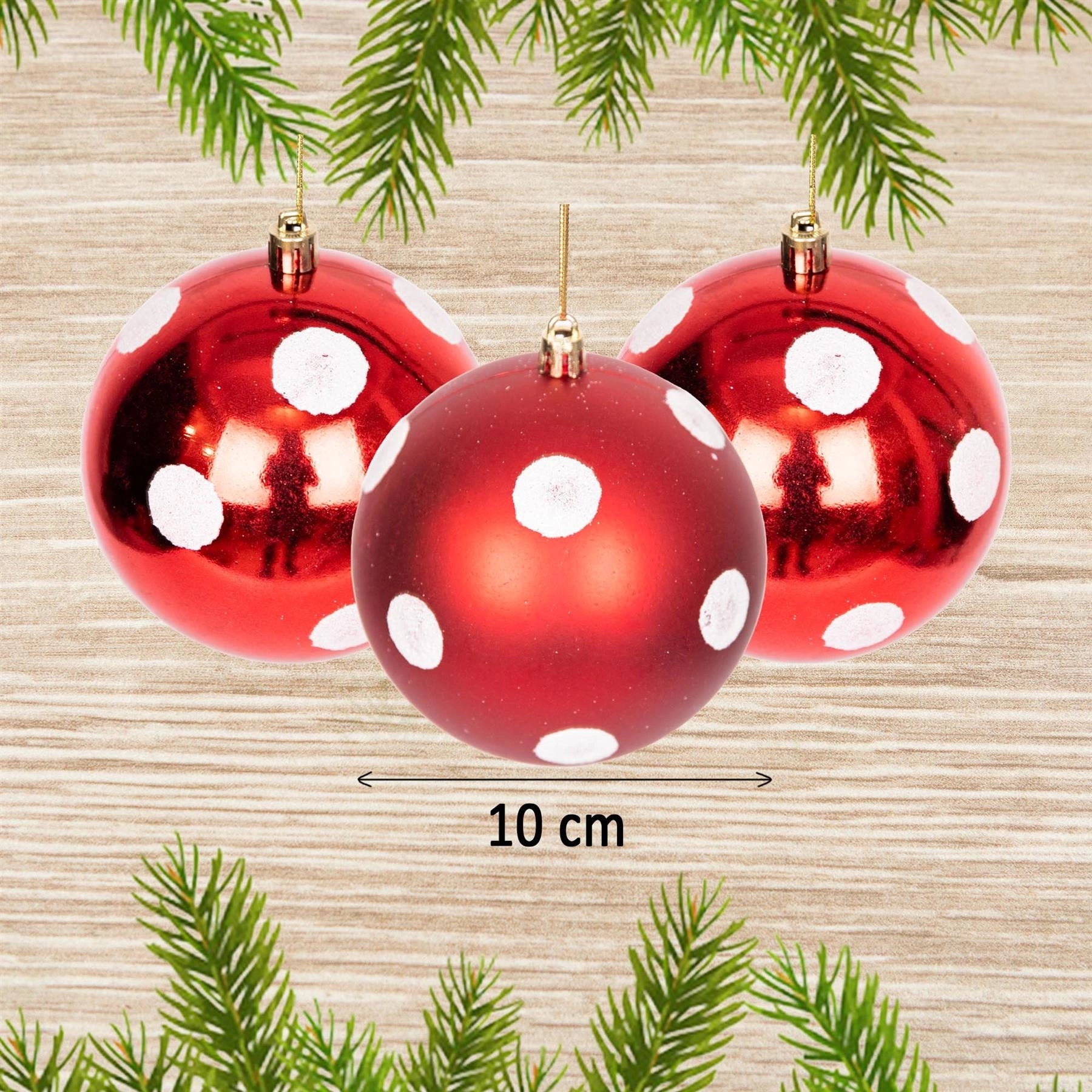6 Red & White Polka Dots Christmas Baubles Glitter Matte Shiny Finish 10cm Decor