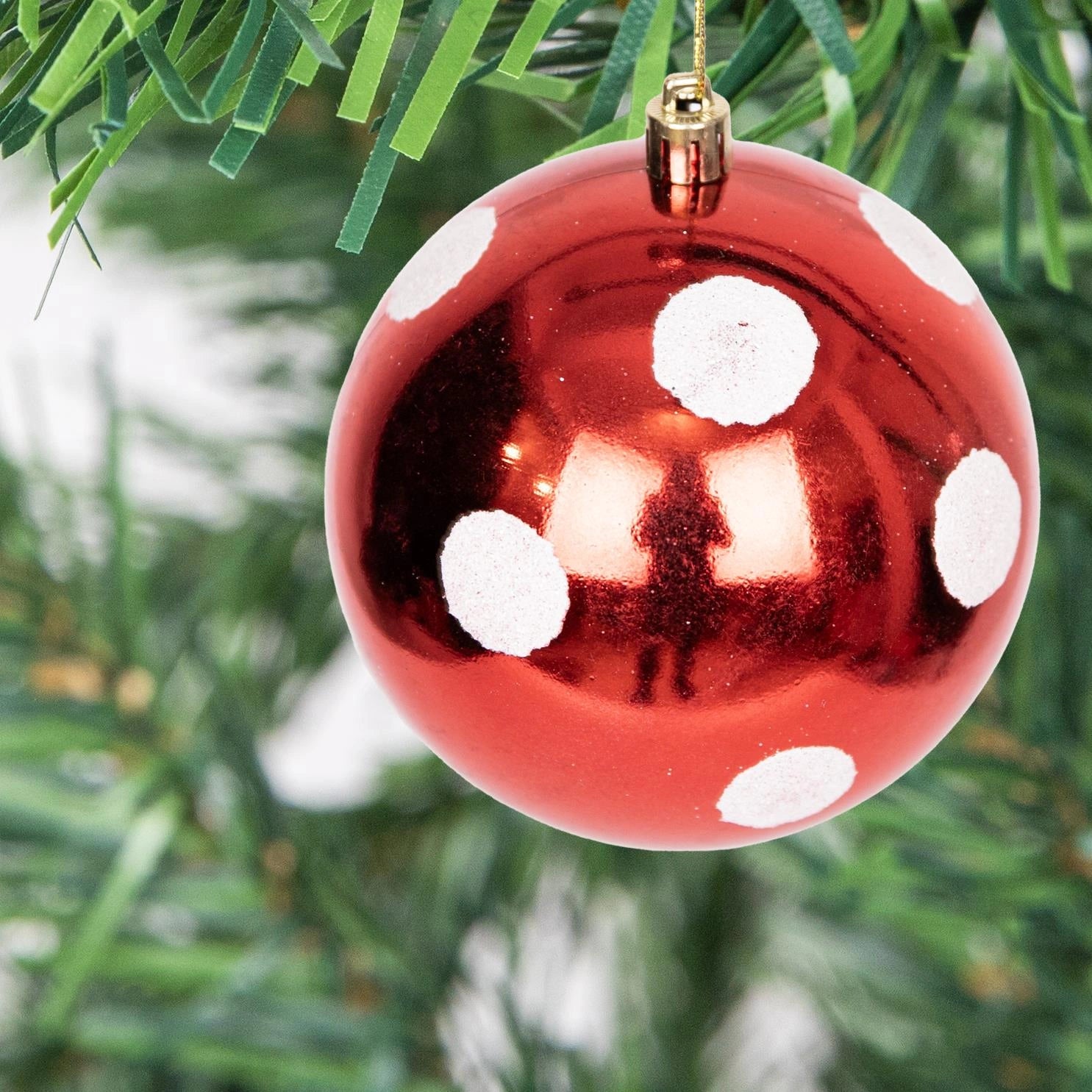 6 Red & White Polka Dots Christmas Baubles Glitter Matte Shiny Finish 10cm Decor