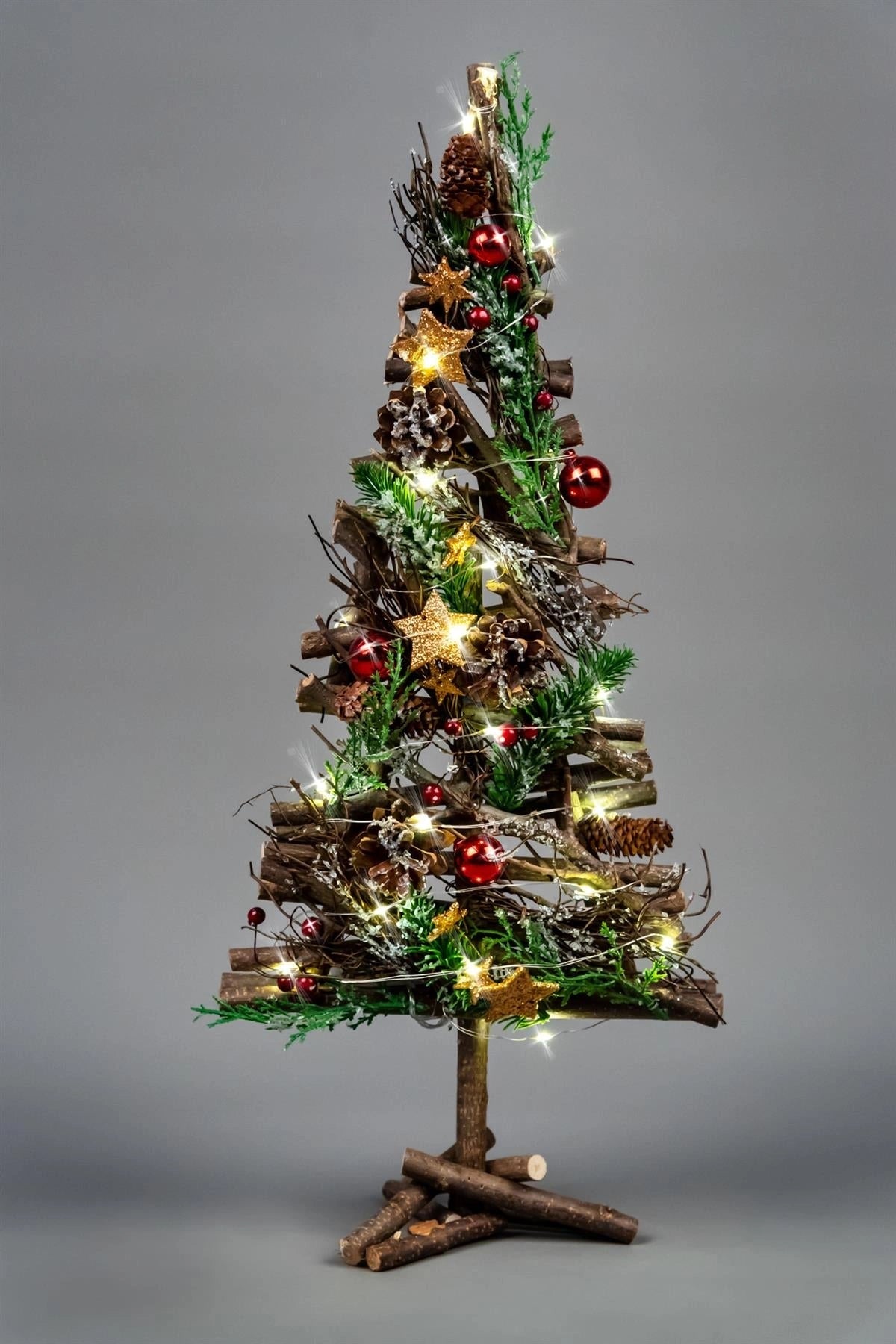 50cm Christmas Tree LED Baubles Bronz Stars Wooden Twig Tabletop Xmas Home Decor