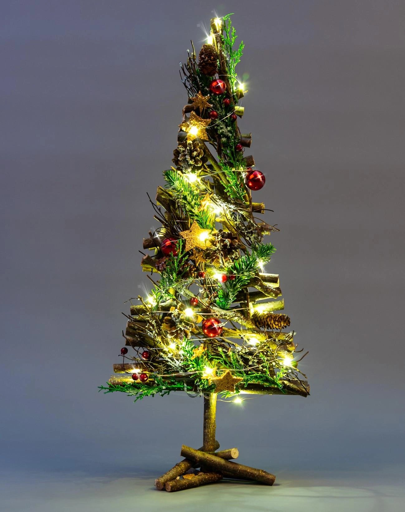 50cm Christmas Tree LED Baubles Bronz Stars Wooden Twig Tabletop Xmas Home Decor