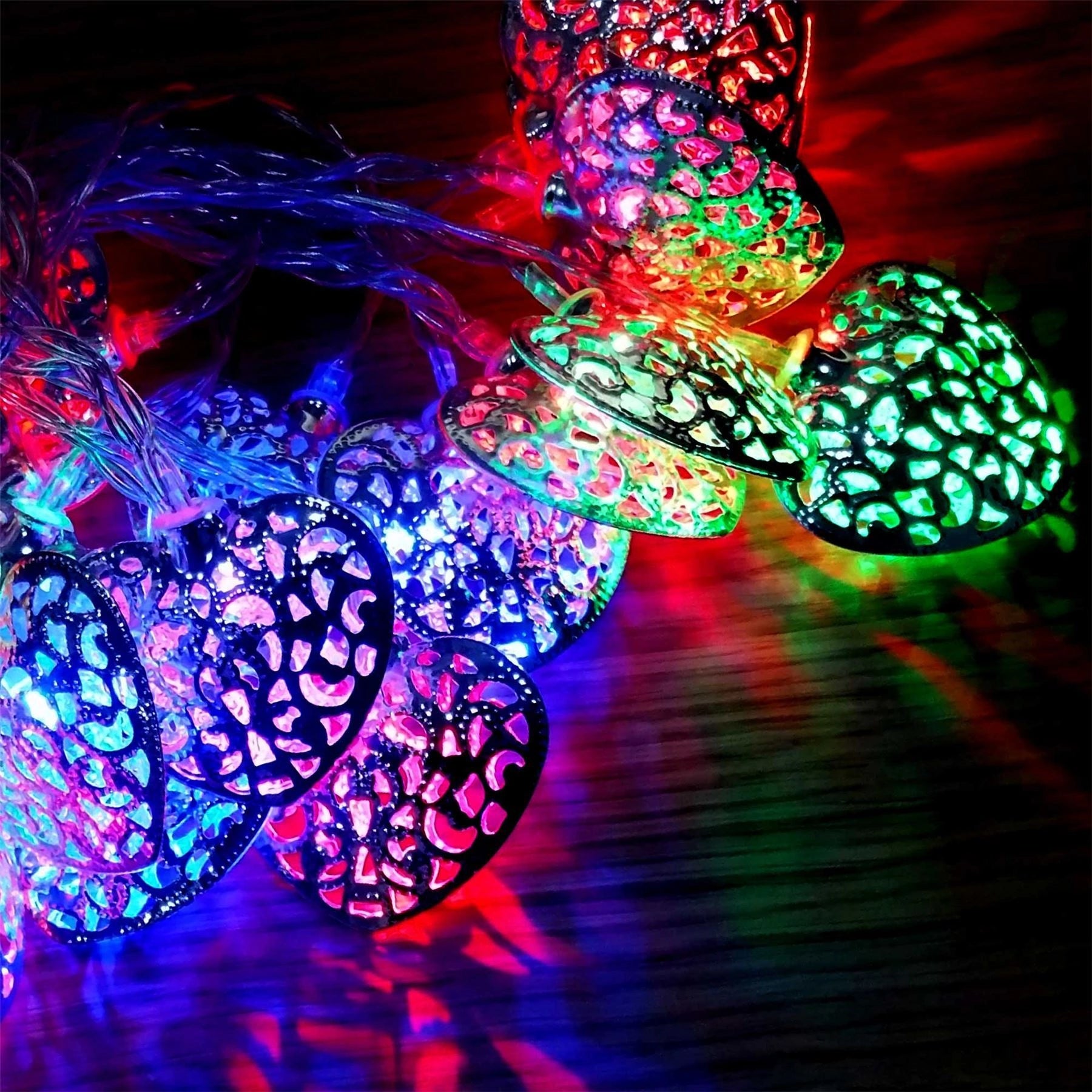 4.3M Led Fairy Lights 20 Silver Heart Multi Coloured Battery Operated String