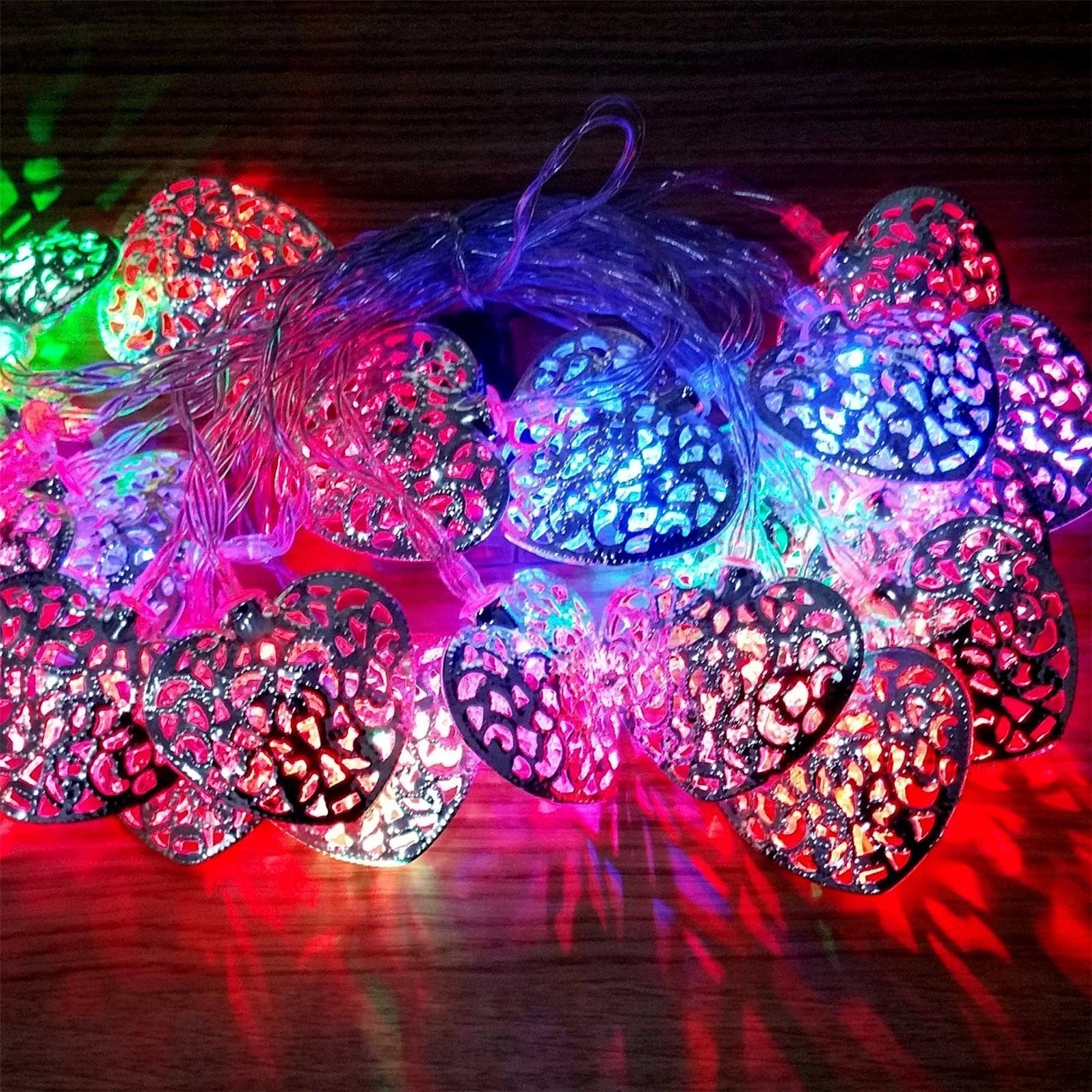 4.3M Led Fairy Lights 20 Silver Heart Multi Coloured Battery Operated String
