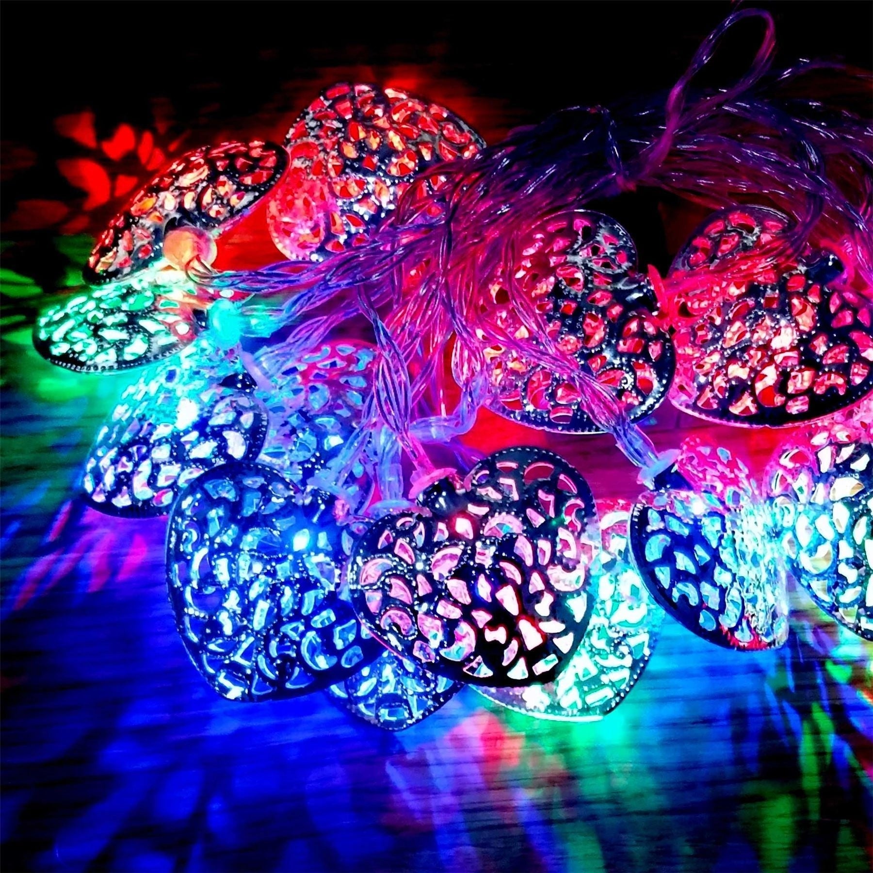 4.3M Led Fairy Lights 20 Silver Heart Multi Coloured Battery Operated String
