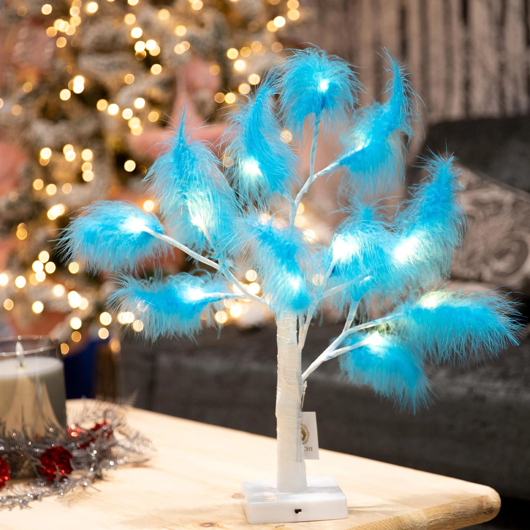 55cm Pampas Light Blue Feather Tree Pre-Lit Table Lamp B/O LED Christmas Decor 1