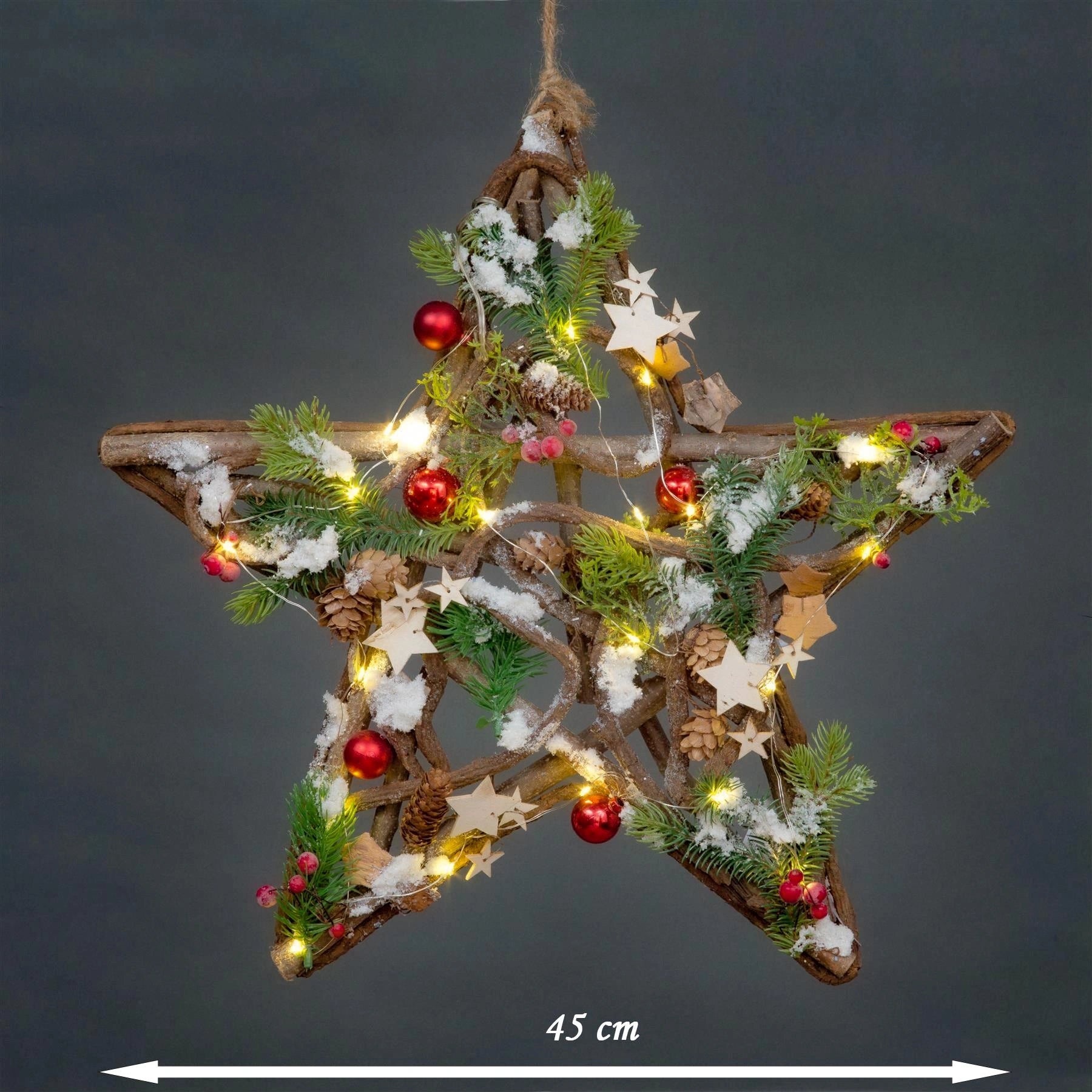 Pre Lit Christmas Hanging Decorations LED Wooden Star Xmas Home Wall Decor 45CM