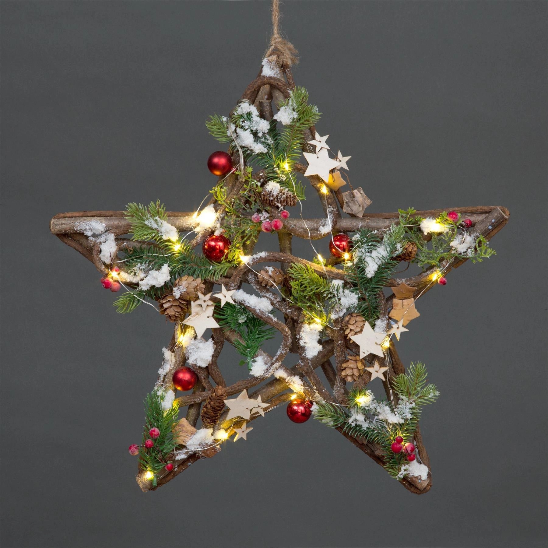 Pre Lit Christmas Hanging Decorations LED Wooden Star Xmas Home Wall Decor 45CM