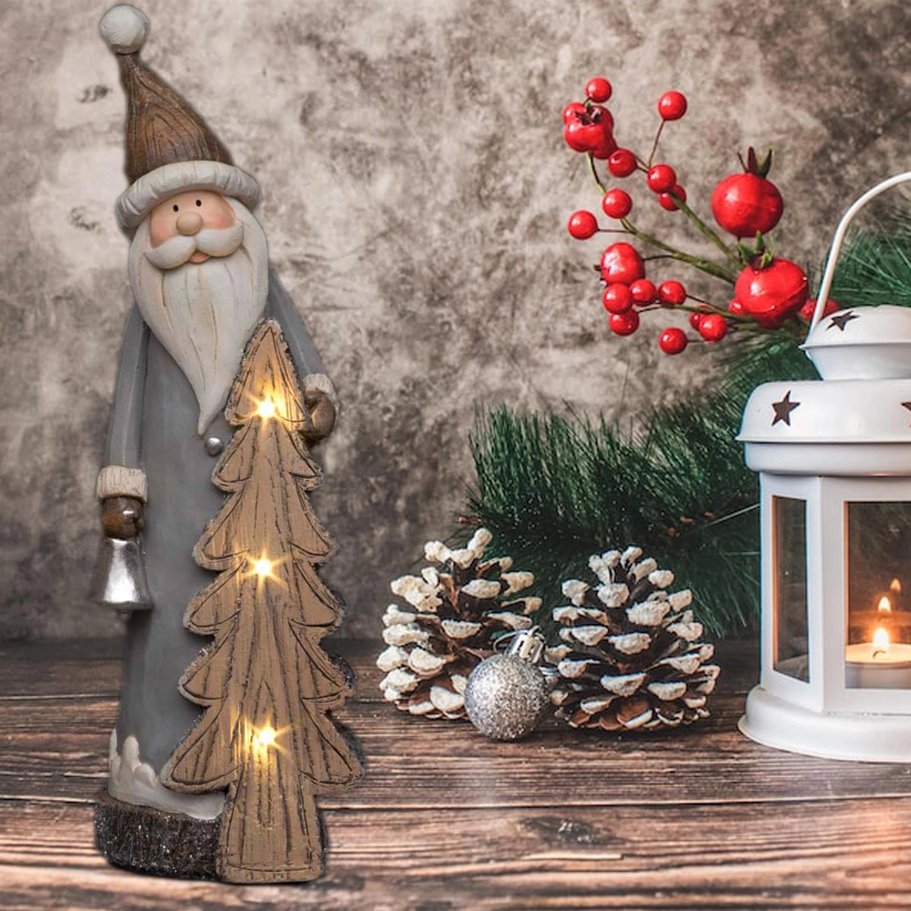 LED Santa w/ Xmas Tree 50cm Wooden Figurine Table Mantelpiece Xmas Home Decor