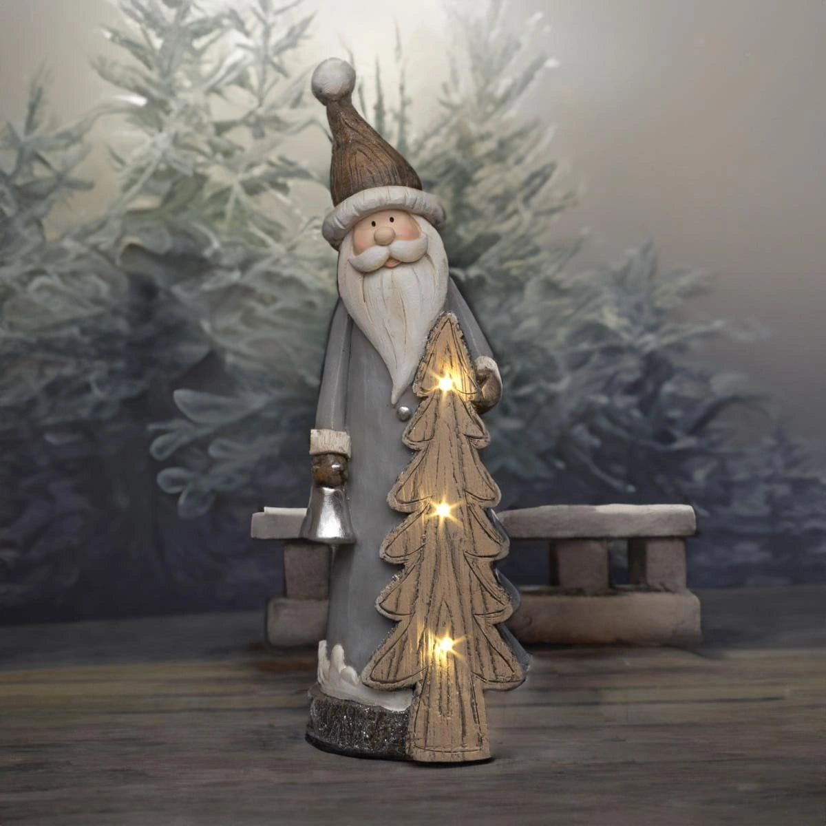 50Cm Santa With Xmas Tree Figurine - Christmas Resin Led Sculpture, Battery Operated