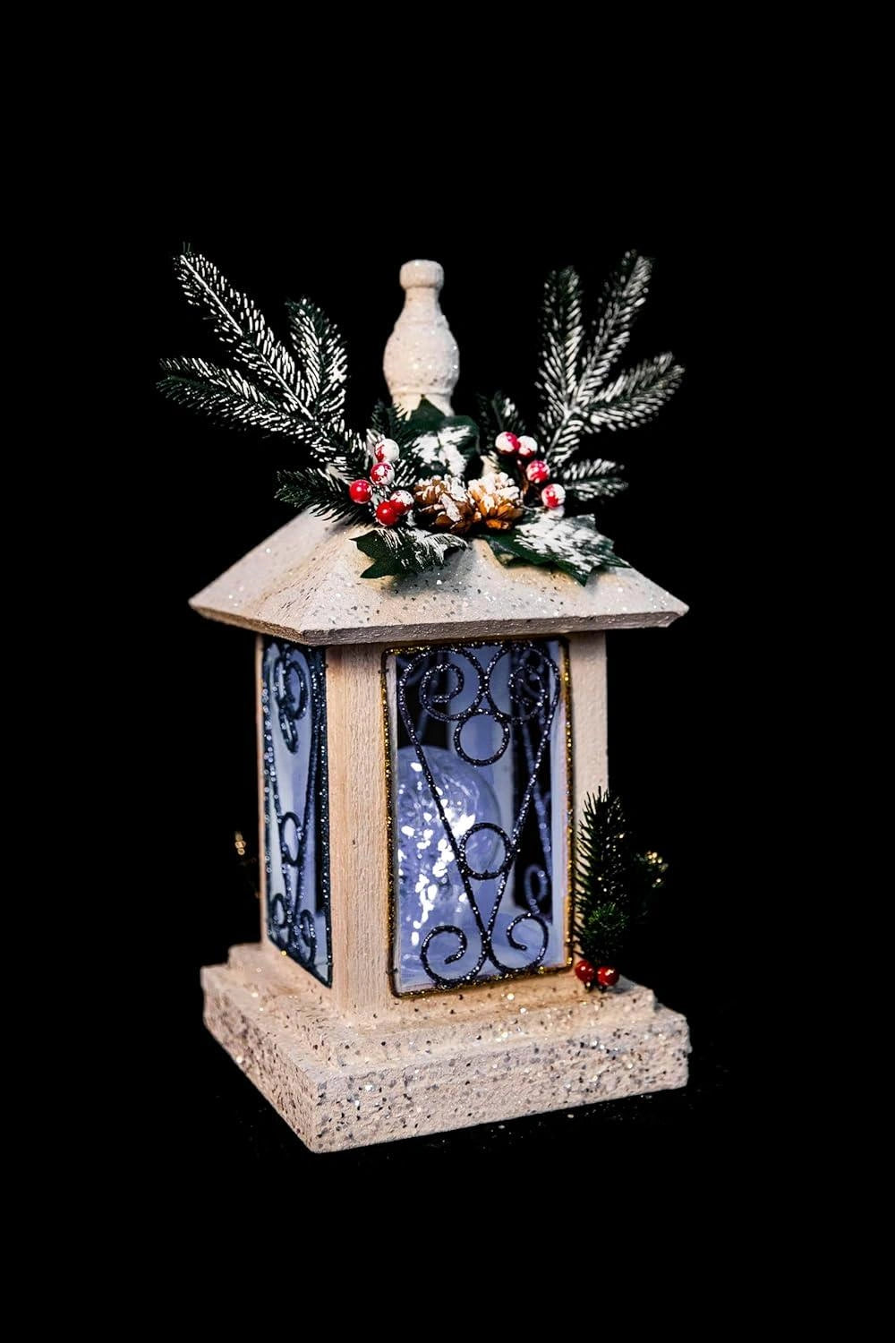 32cm Christmas Lantern Wooden Lamp Tabletop Centerpiece Snow Cool White Xmas UK