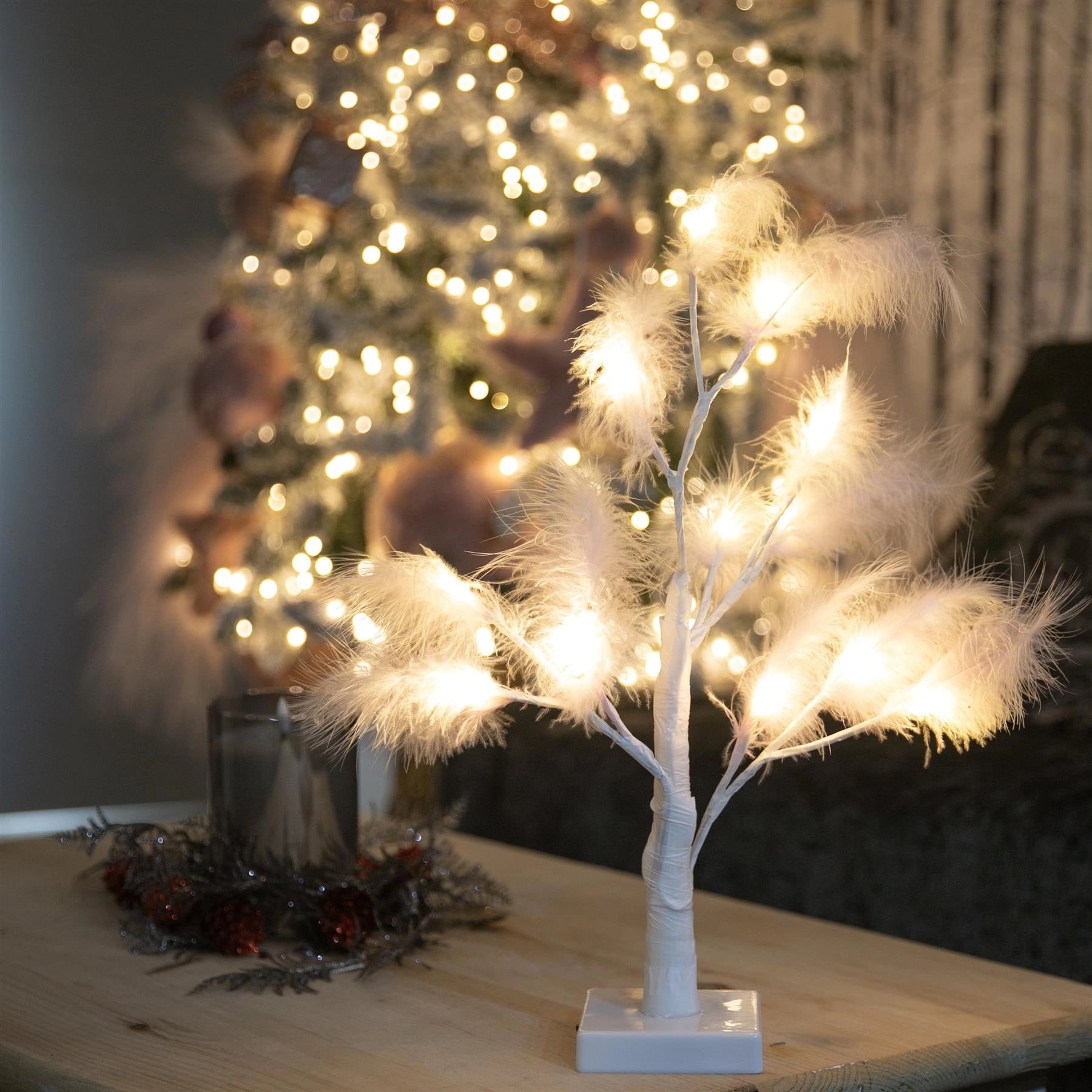 Pre-Lit Pampas Tree Feather Light Pink Table Lamp LED B/O Christmas Decor 55cm