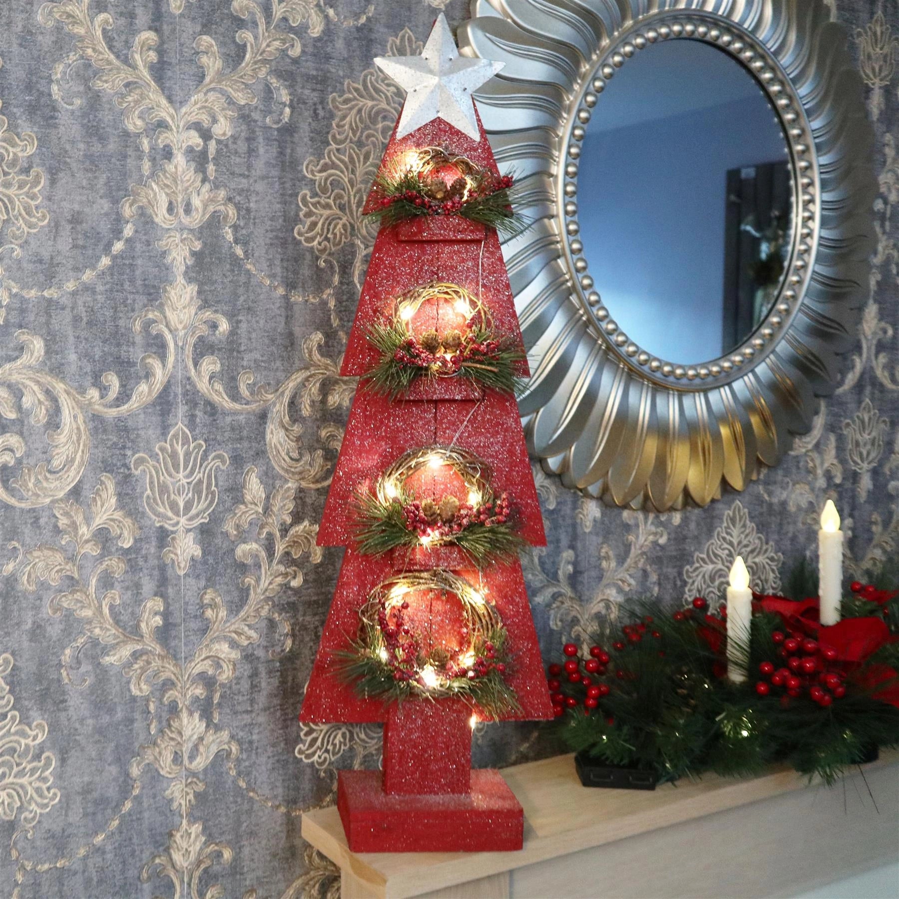 80cm Christmas Table Decoration Pre Lit Tree Wooden Ornament Xmas Window Red