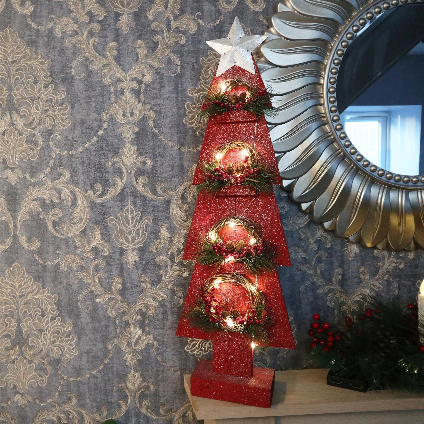 80cm Christmas Table Decoration Pre Lit Tree Wooden Ornament Xmas Window Red