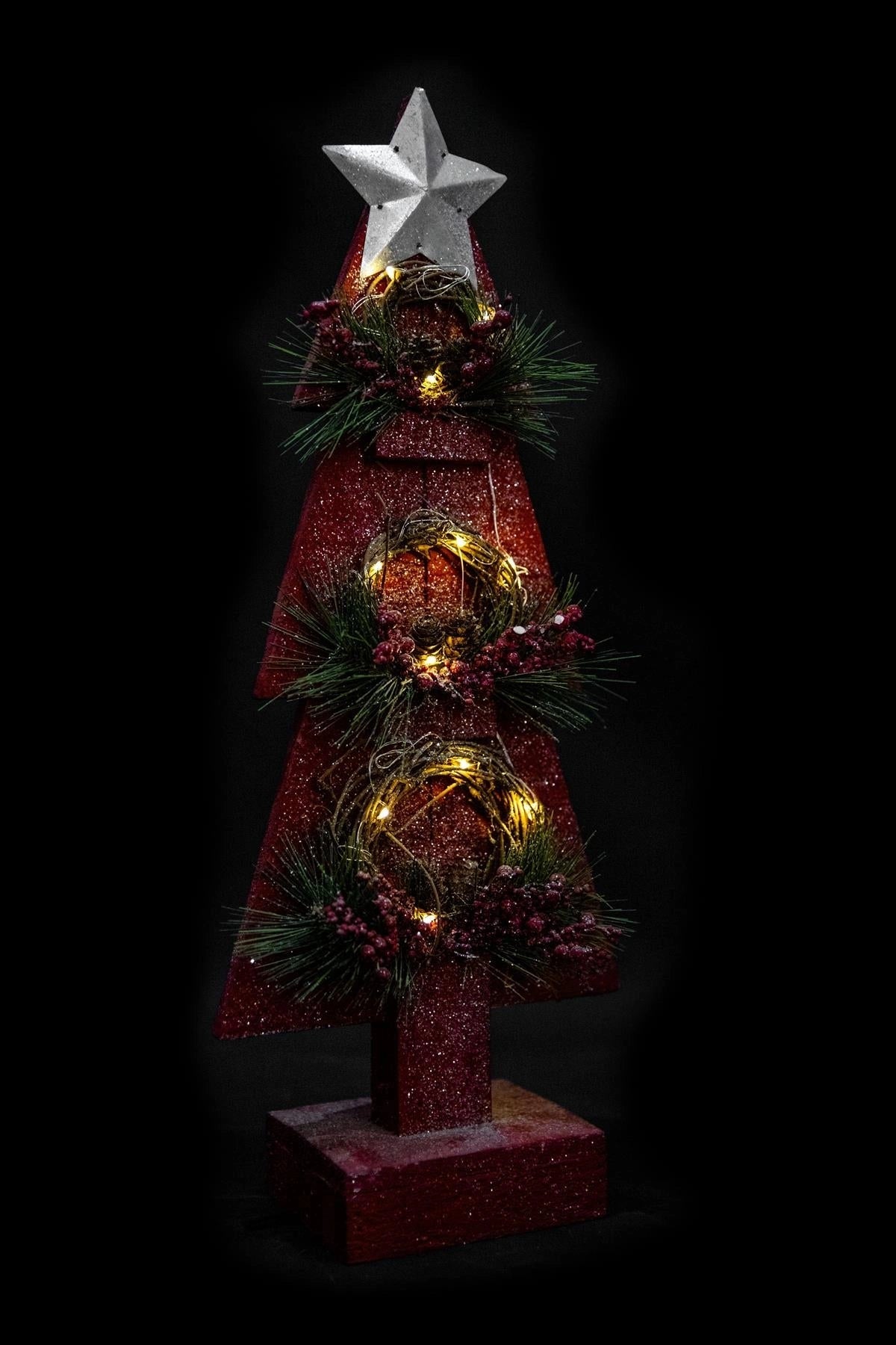 80cm Christmas Table Decoration Pre Lit Tree Wooden Ornament Xmas Window Red