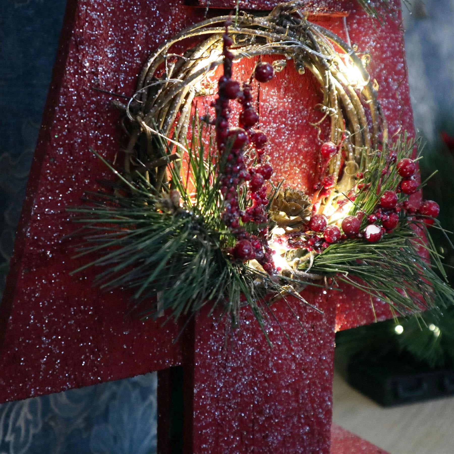 80cm Christmas Table Decoration Pre Lit Tree Wooden Ornament Xmas Window Red