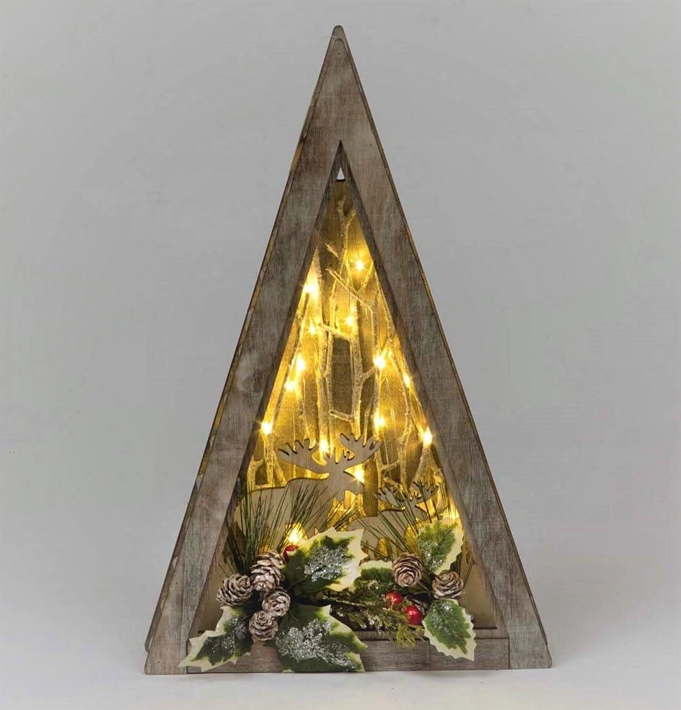 B/O Led Wooden Reindeer Scene - Triangle Shape -W24.5Xd5.5Xh39Cm