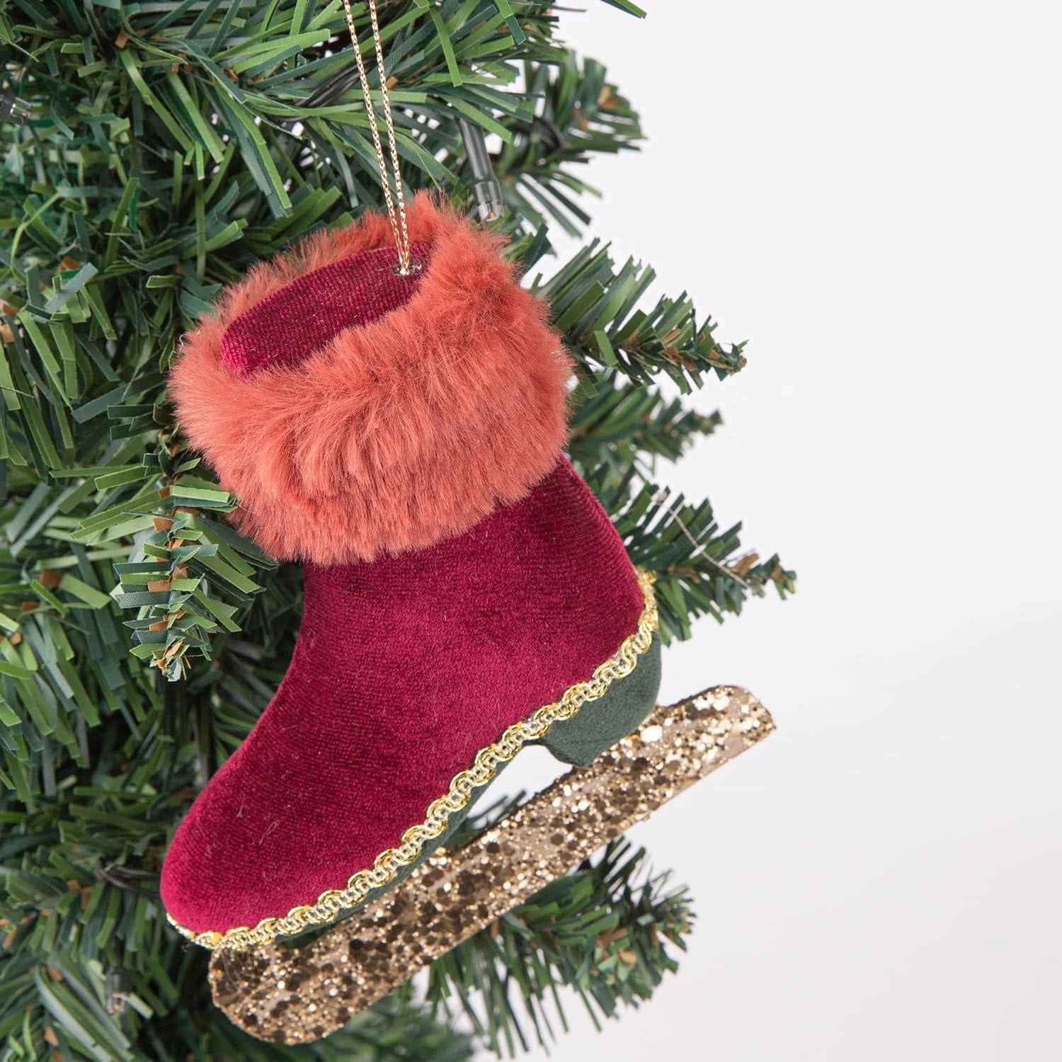 1XChristmas Hanging Ornament Tree Pendant Burgundy IceSkate Boot 12cm Xmas Decor