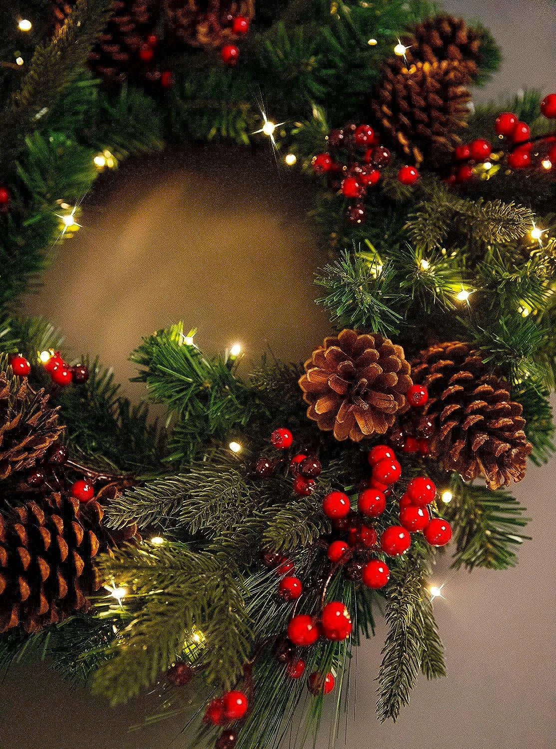 60cm Christmas Wreath Pre Lit Berries Cones Door Wall Home Xmas Hanging Ornament