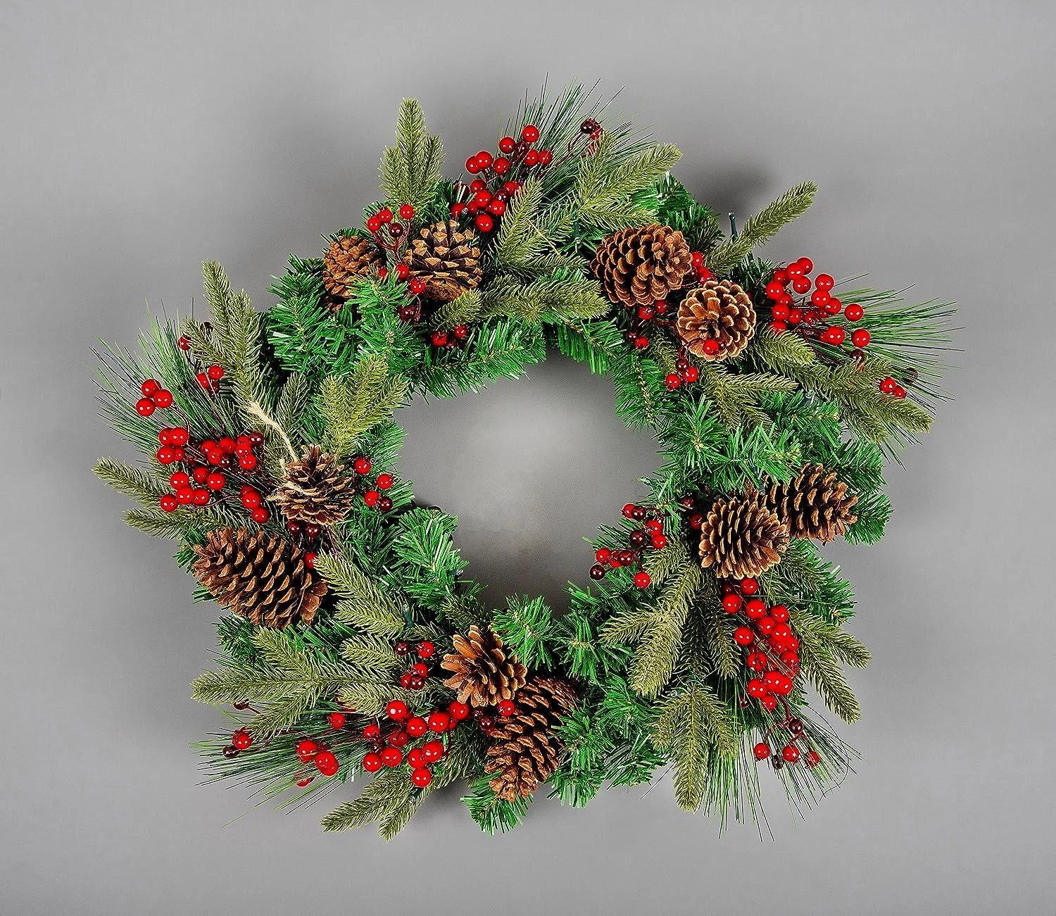 60cm Christmas Wreath Pre Lit Berries Cones Door Wall Home Xmas Hanging Ornament