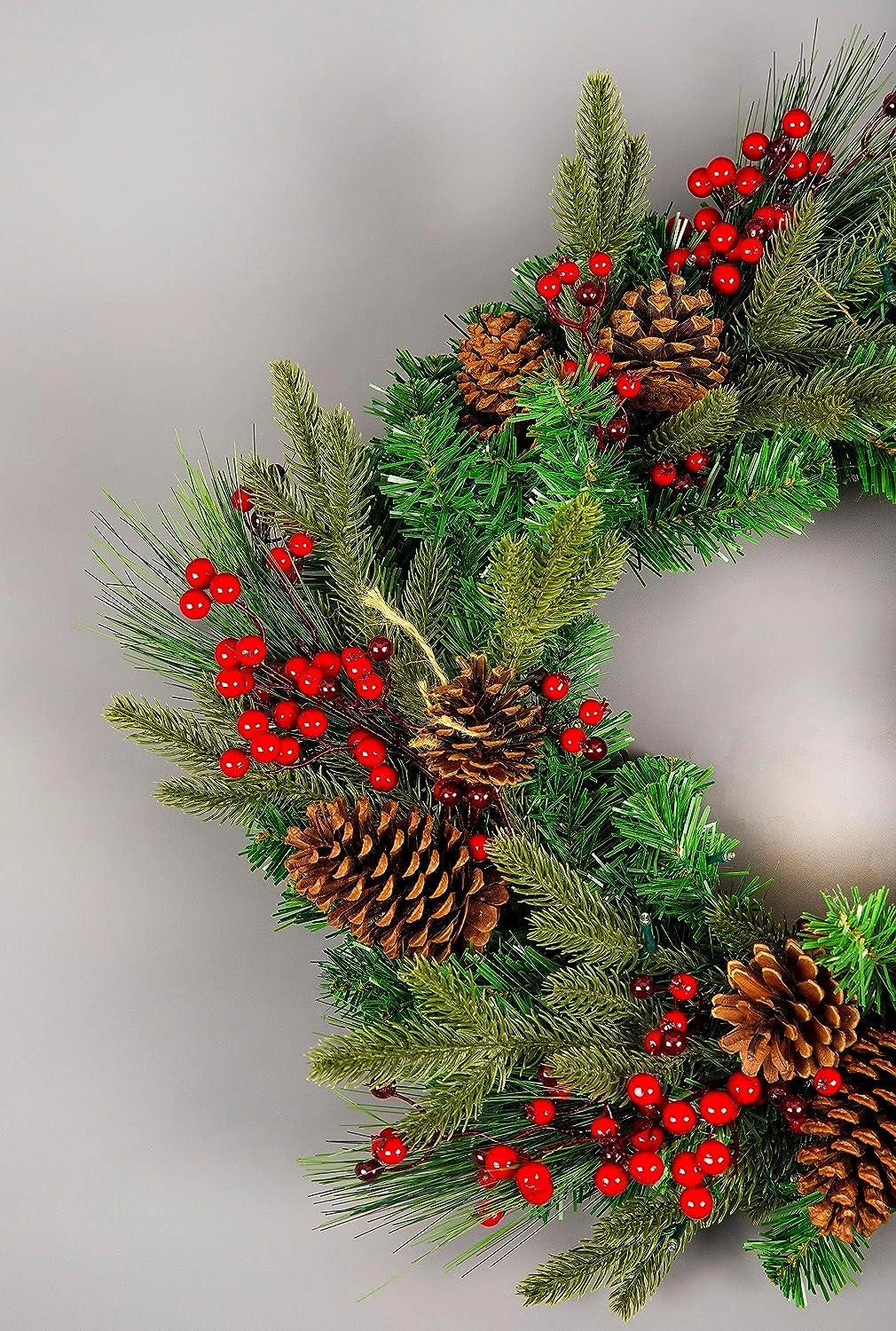 60cm Christmas Wreath Pre Lit Berries Cones Door Wall Home Xmas Hanging Ornament