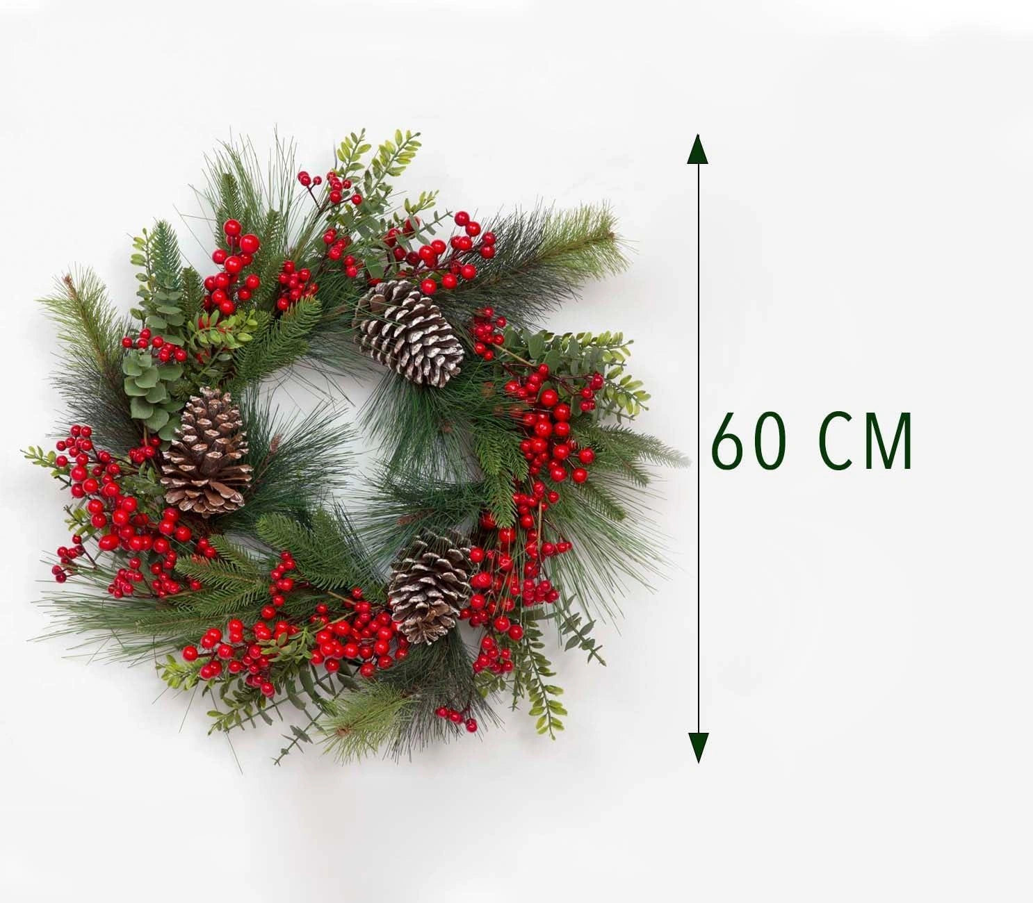 60cm Christmas Wreath Pre Lit Berries Cones Door Wall Home Xmas Hanging Ornament