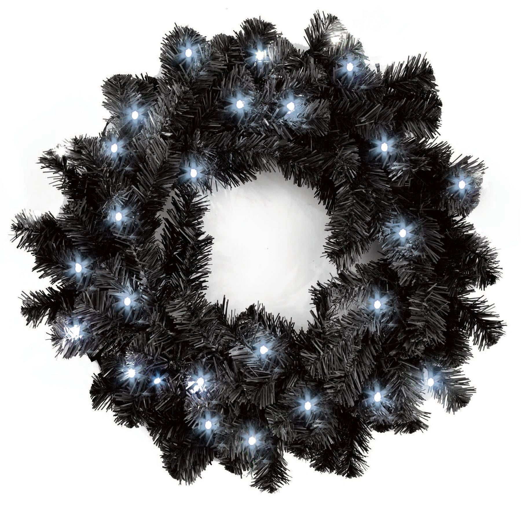 Black Christmas Wreath Pre Lit Artificial Bushy Wall Door XMAS Home Decor 55CM
