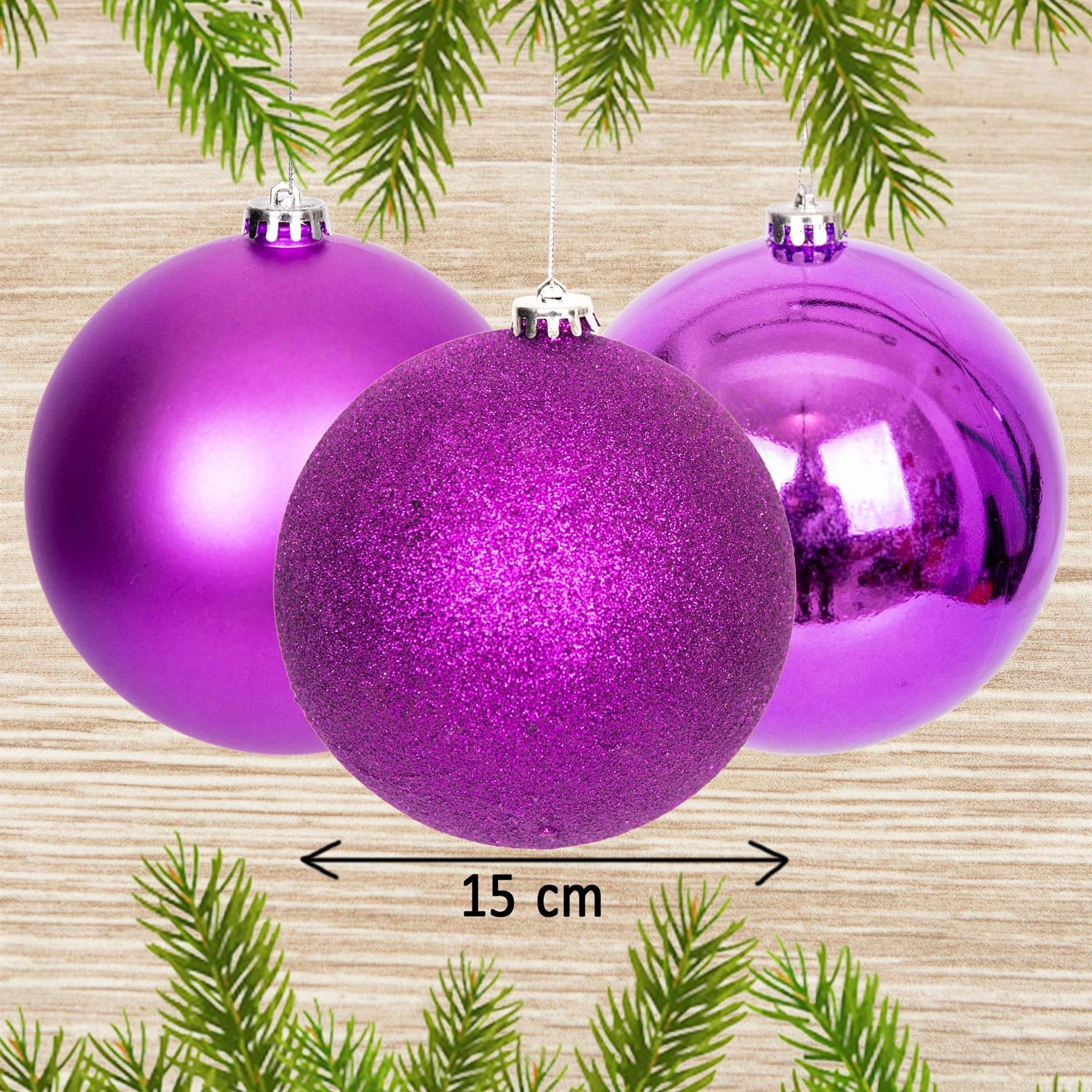 3 Purple Shatterproof Christmas Baubles Decoration Glitter Matte Shiny 15cm