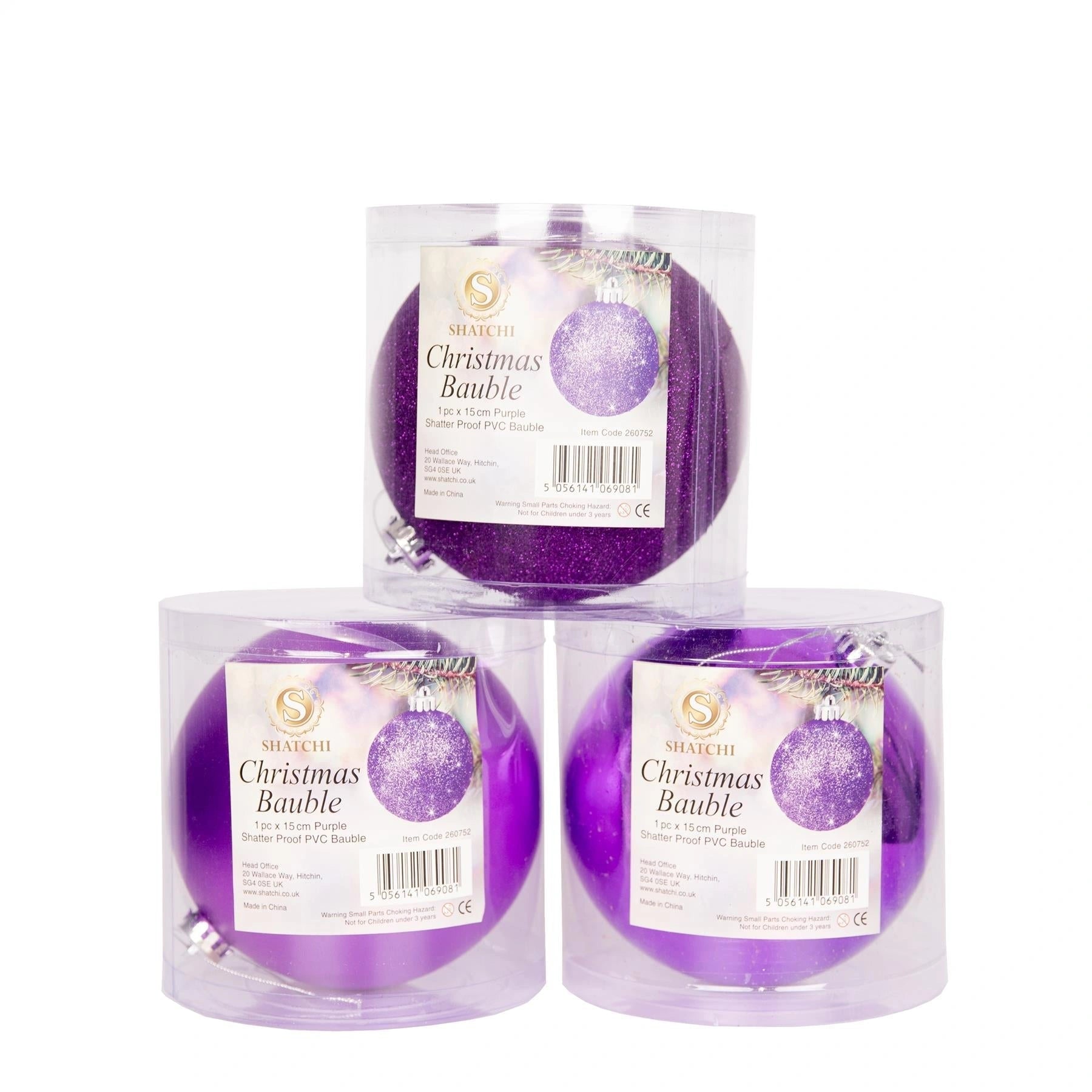 3 Purple Shatterproof Christmas Baubles Decoration Glitter Matte Shiny 15cm