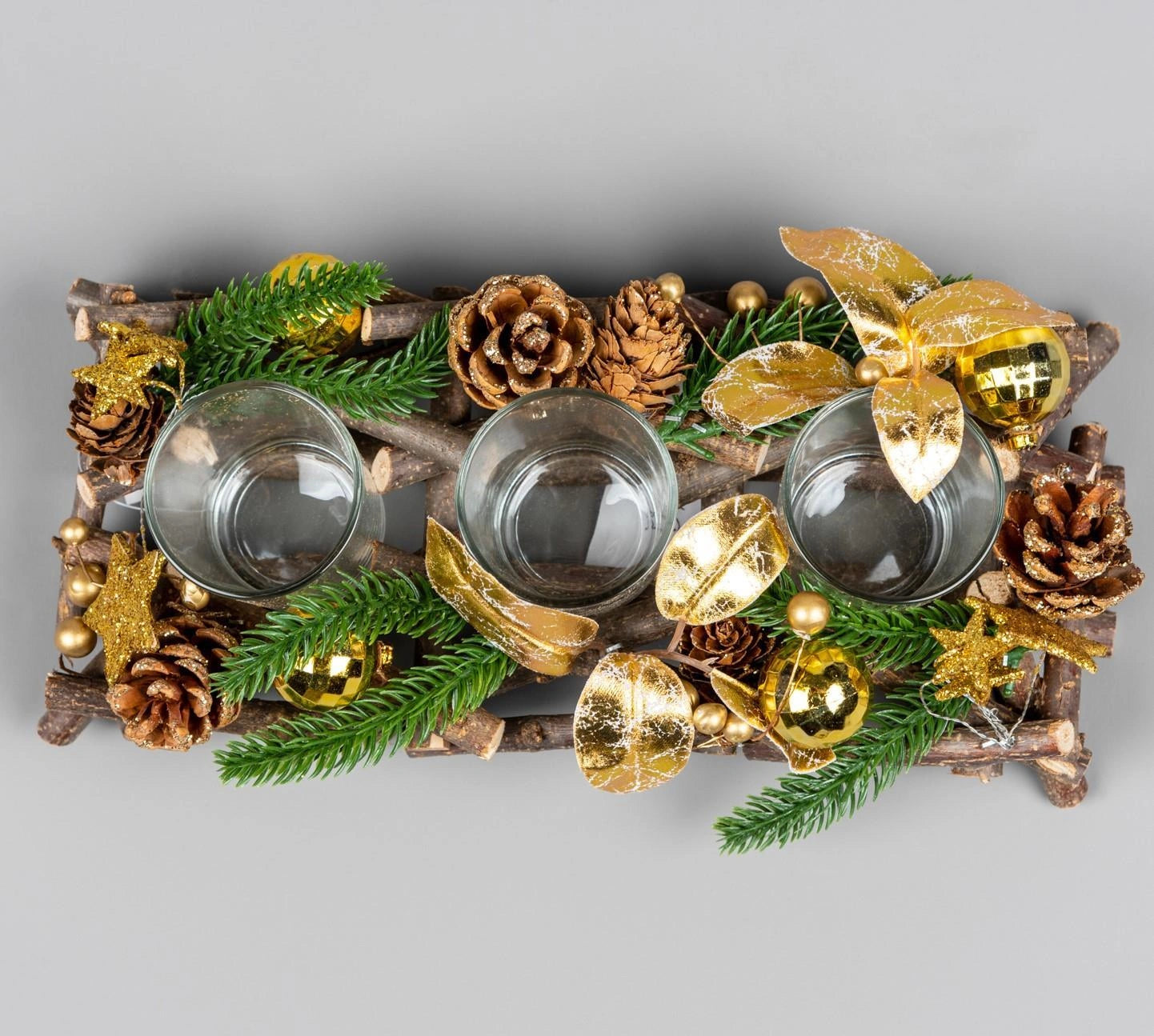 28Cm Twig Triple Candle Holder Gold