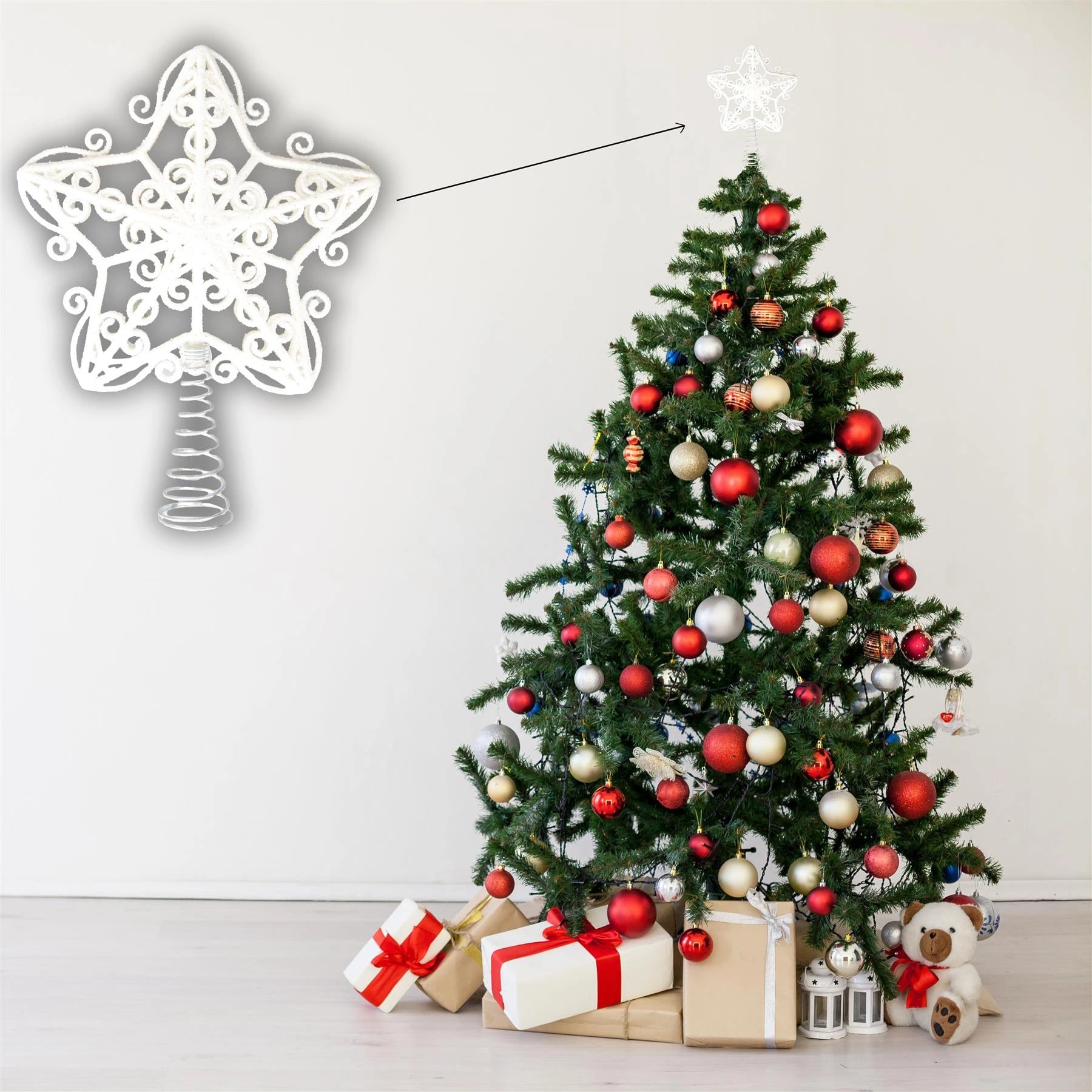 Christmas Star Tree Topper White Glitter Crown Xmas Tree Ornaments Decor 14.5cm