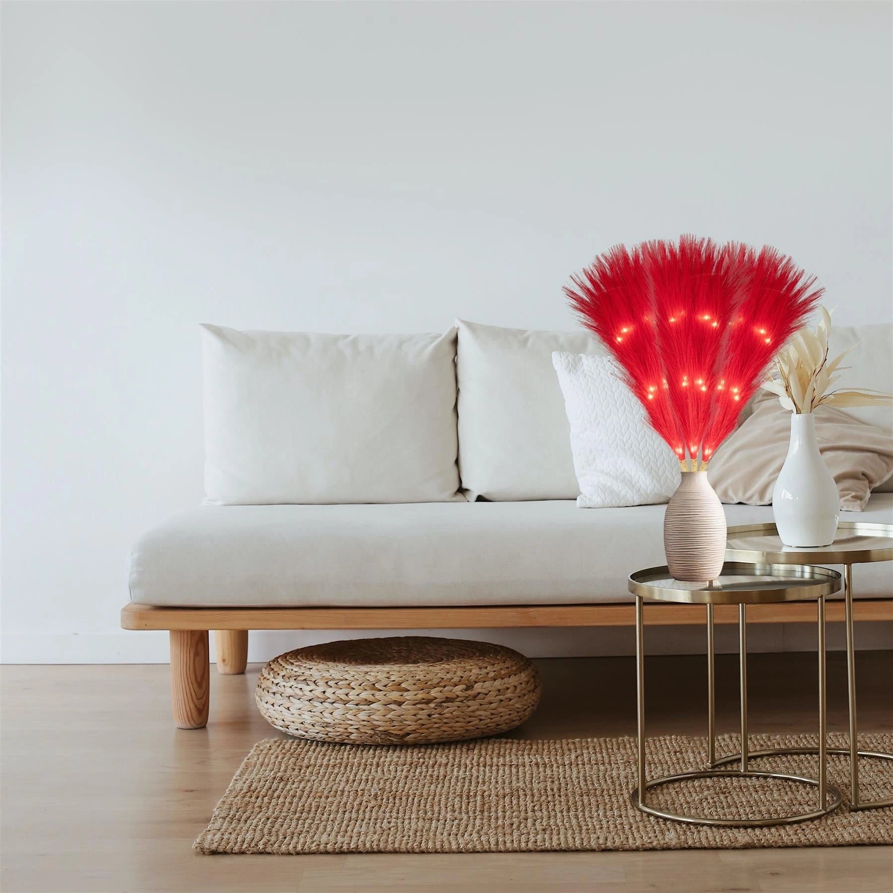 2PCS Pampas Grass Stems Feather Christmas Table Decor Pre-Lit LED B/O Red 45cm