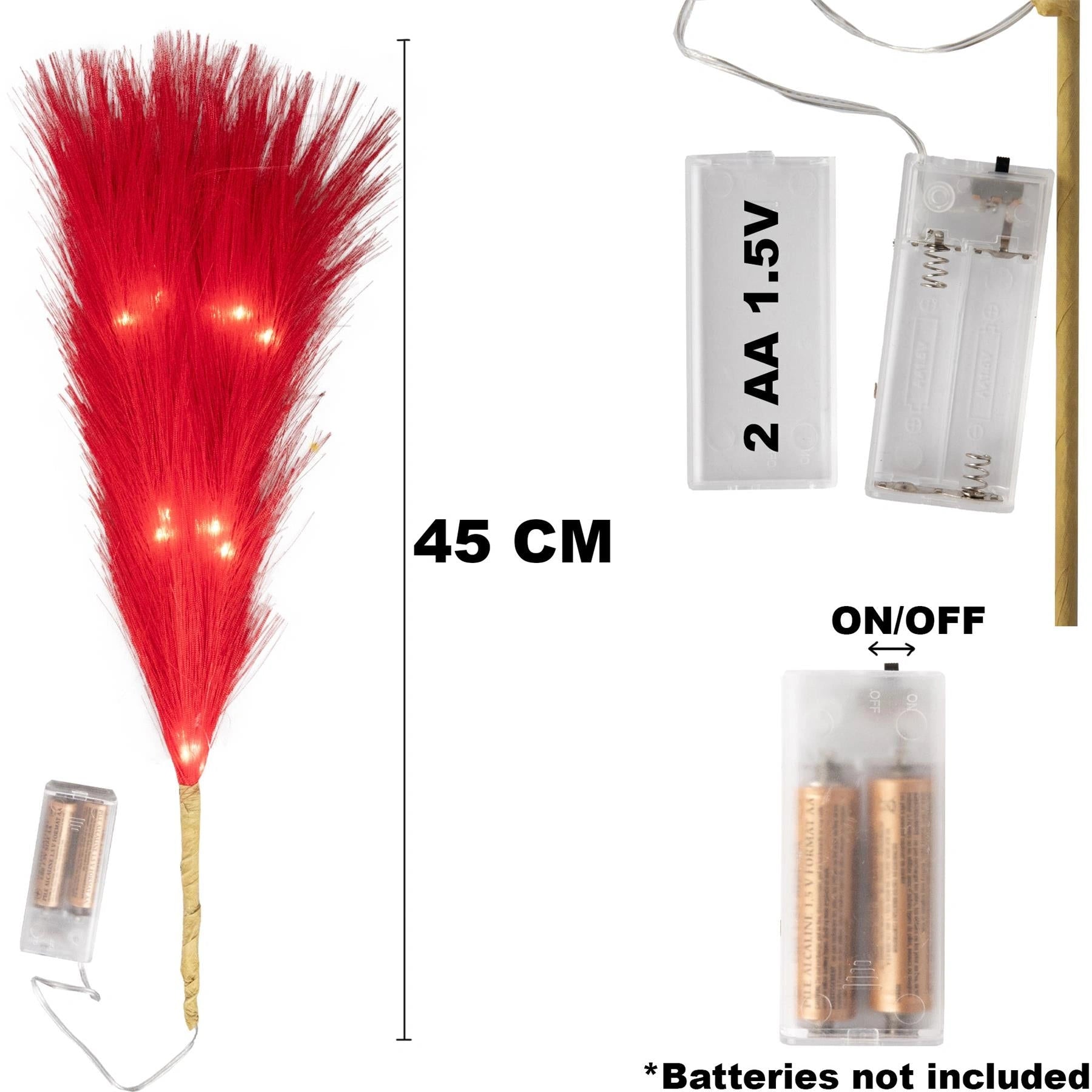 2PCS Pampas Grass Stems Feather Christmas Table Decor Pre-Lit LED B/O Red 45cm