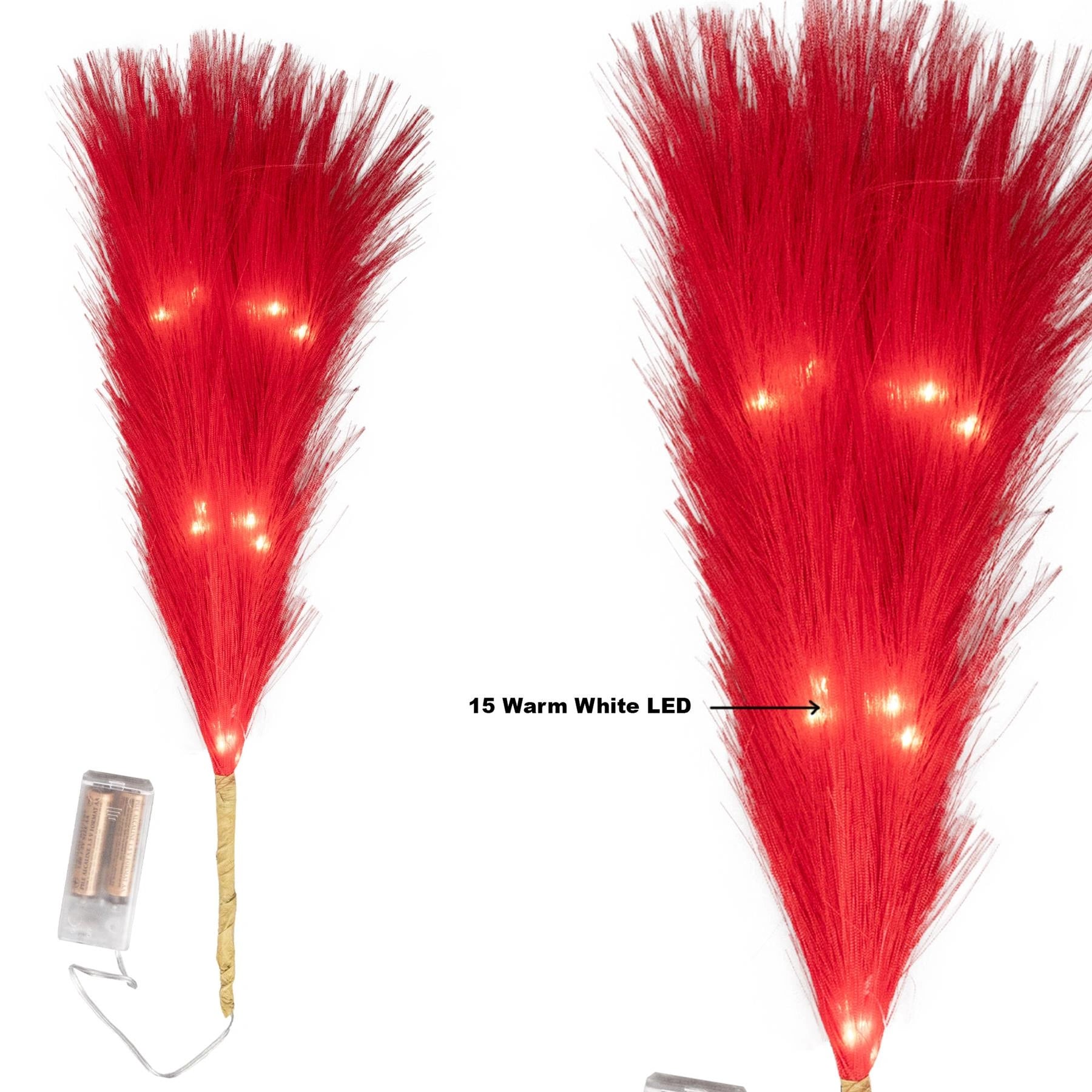 2PCS Pampas Grass Stems Feather Christmas Table Decor Pre-Lit LED B/O Red 45cm