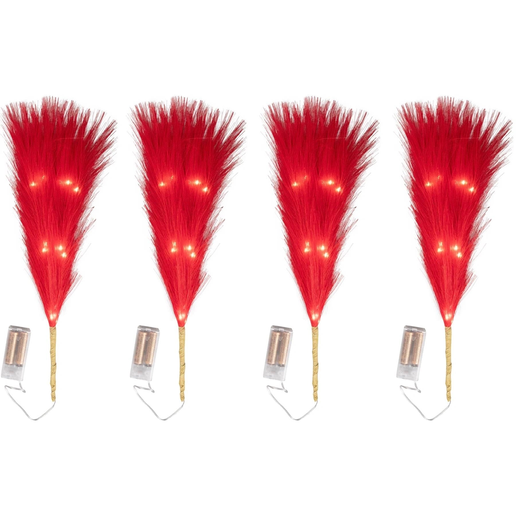 2PCS Pampas Grass Stems Feather Christmas Table Decor Pre-Lit LED B/O Red 45cm