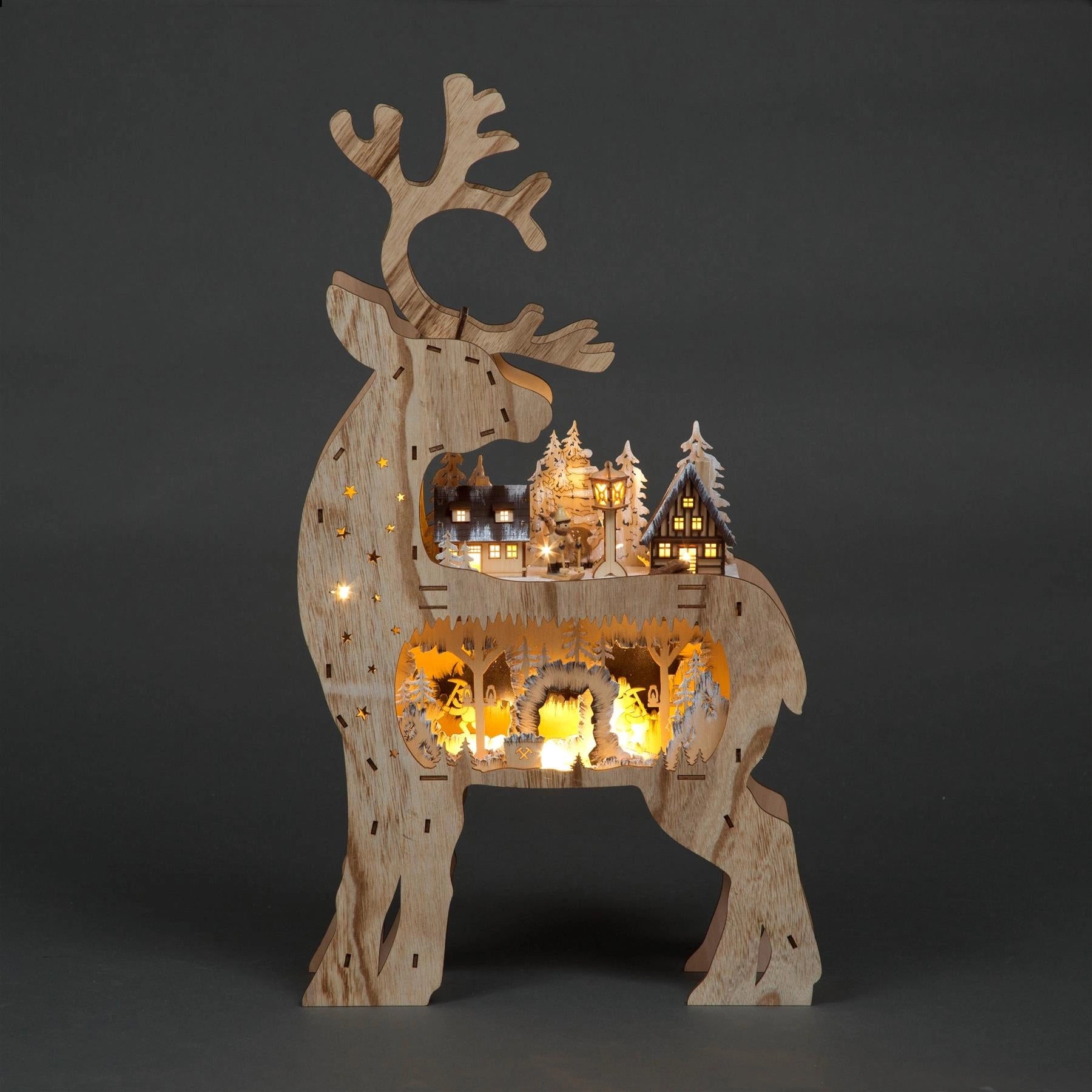 Laser Cut Wooden Back Face Reindeer Battery Operated LED Christmas Decorations