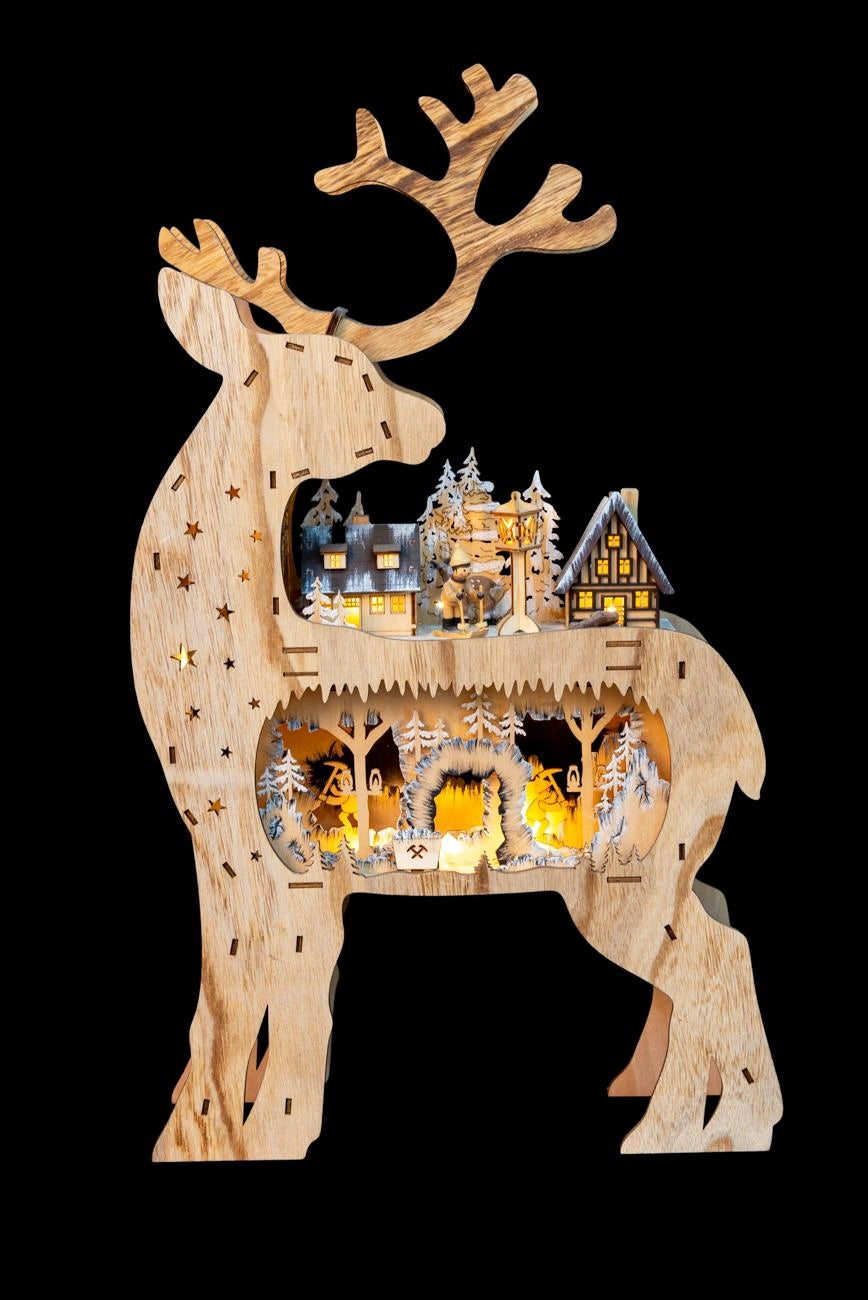 Laser Cut Wooden Back Face Reindeer Battery Operated LED Christmas Decorations