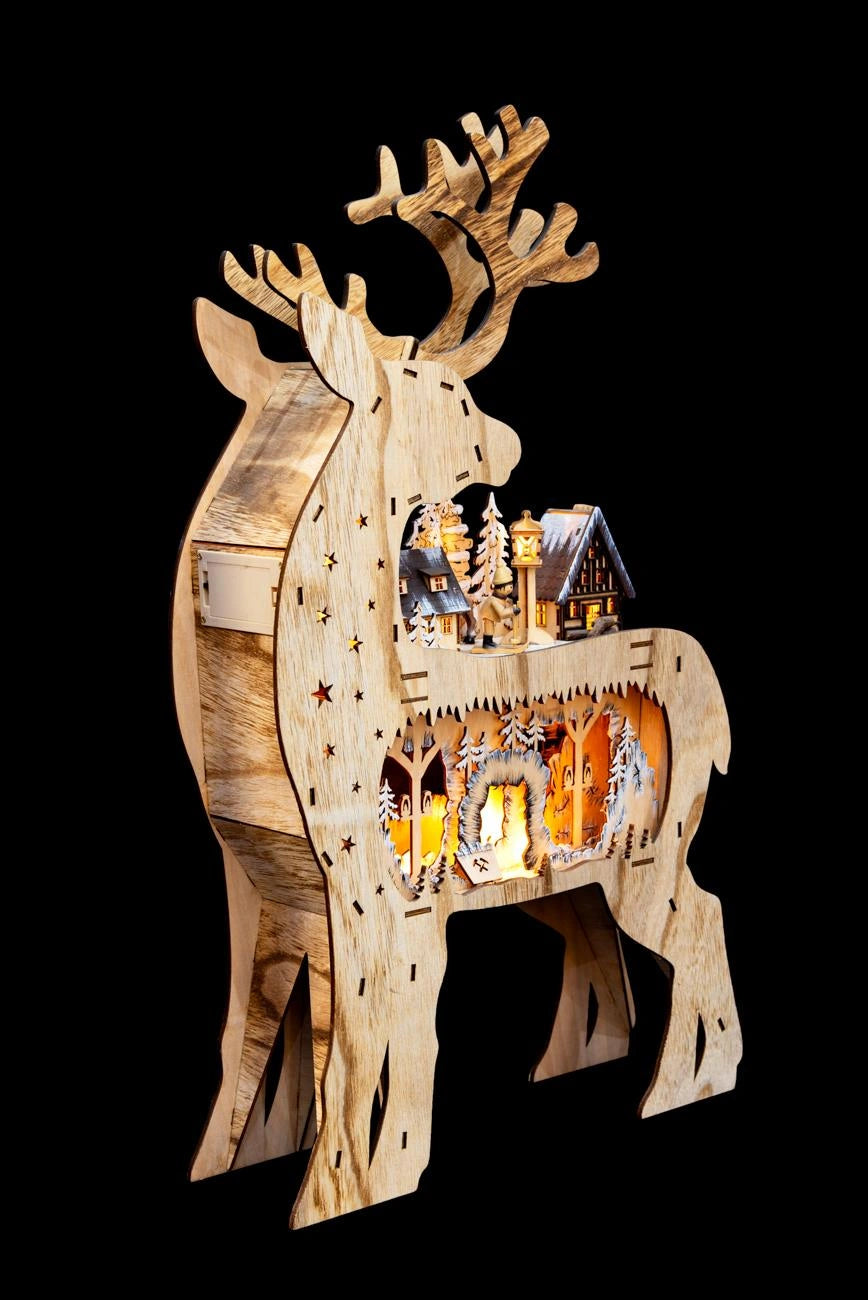 Laser Cut Wooden Back Face Reindeer Battery Operated LED Christmas Decorations
