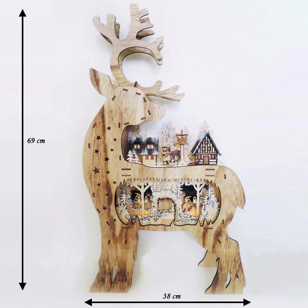 Laser Cut Wooden Back Face Reindeer Battery Operated LED Christmas Decorations