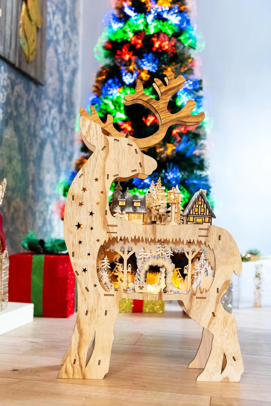 Laser Cut Wooden Back Face Reindeer Battery Operated LED Christmas Decorations