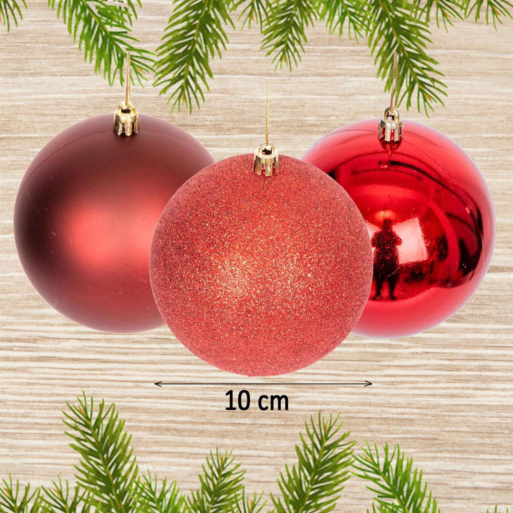 6 Dark Red Shatterproof Christmas Baubles 10cm Glitter Matte Shiny Finish Decor