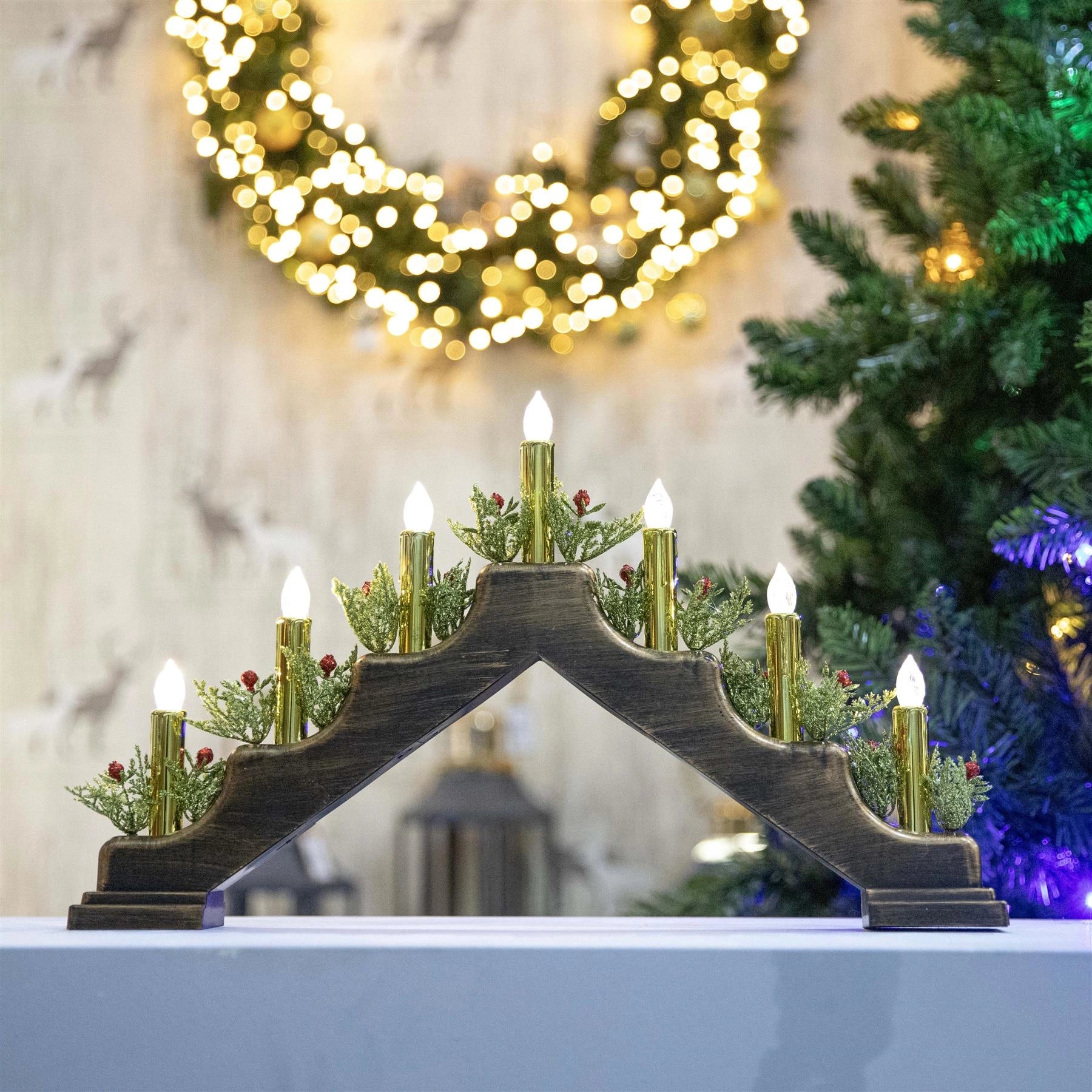 Pre-Lit Christmas Candle Bridge Arch LED Light B/O Window Table Xmas Home Decor