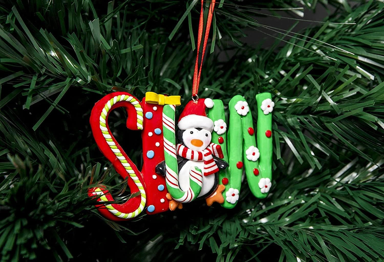 Set of 4 (12PCs) Christmas Hanging Decoration Ceramic Candy Word Joy, Noel, Snow