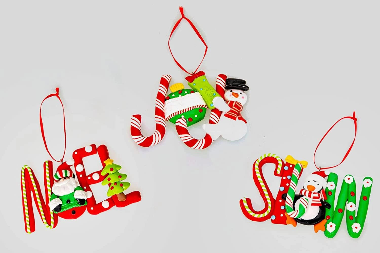 Set of 4 (12PCs) Christmas Hanging Decoration Ceramic Candy Word Joy, Noel, Snow