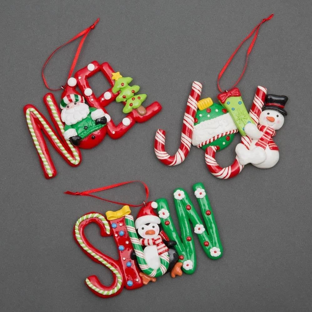 Christmas Hanging Decoration 12Pcs Ceramic Candy Cane Joy, Noel, Snow